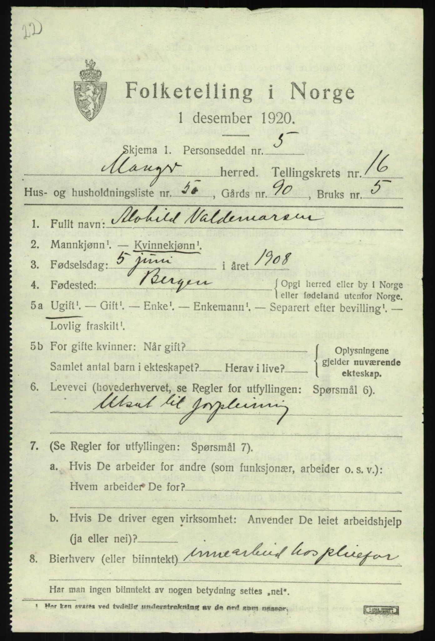 SAB, 1920 census for Manger, 1920, p. 9510