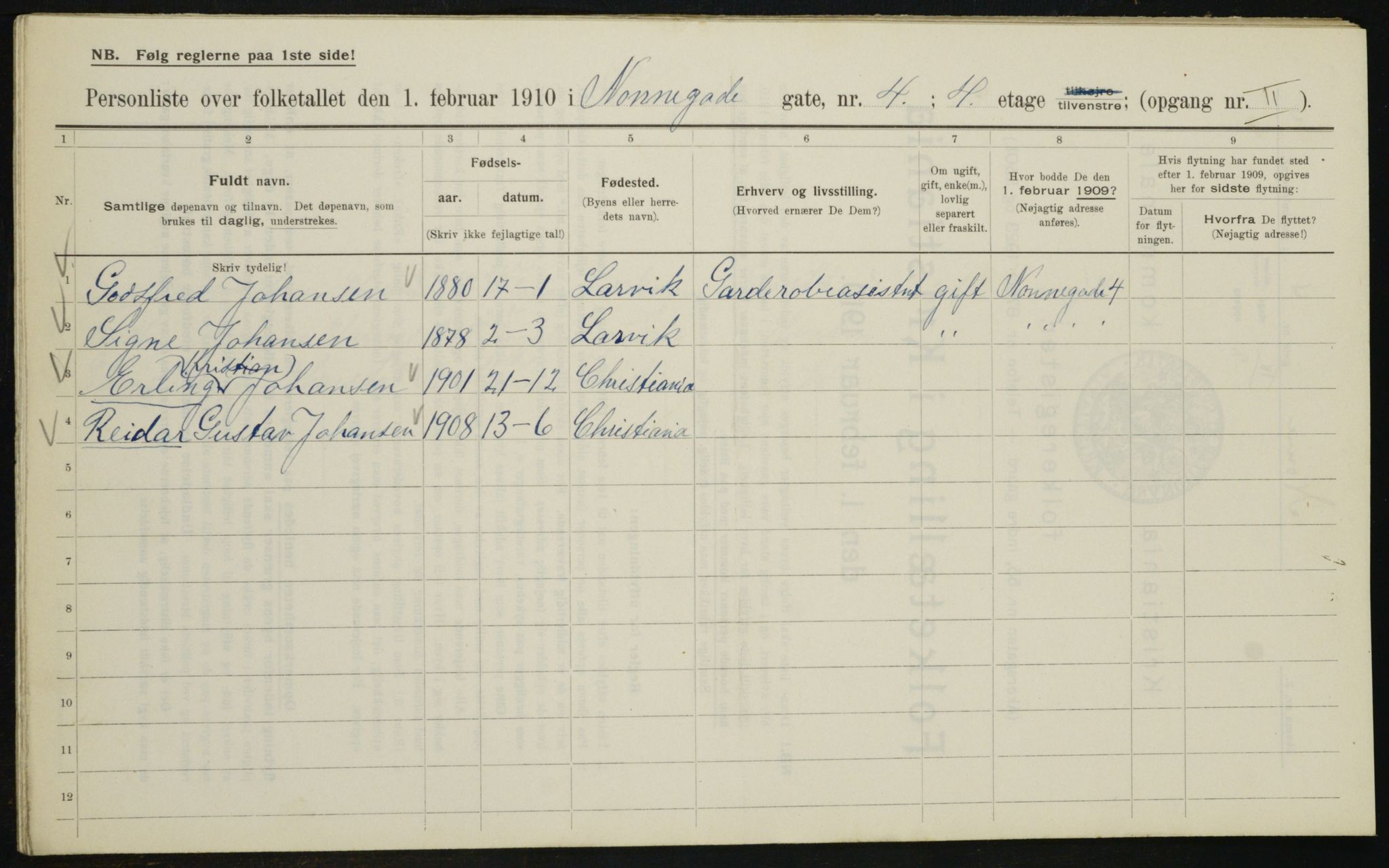 OBA, Municipal Census 1910 for Kristiania, 1910, p. 68908