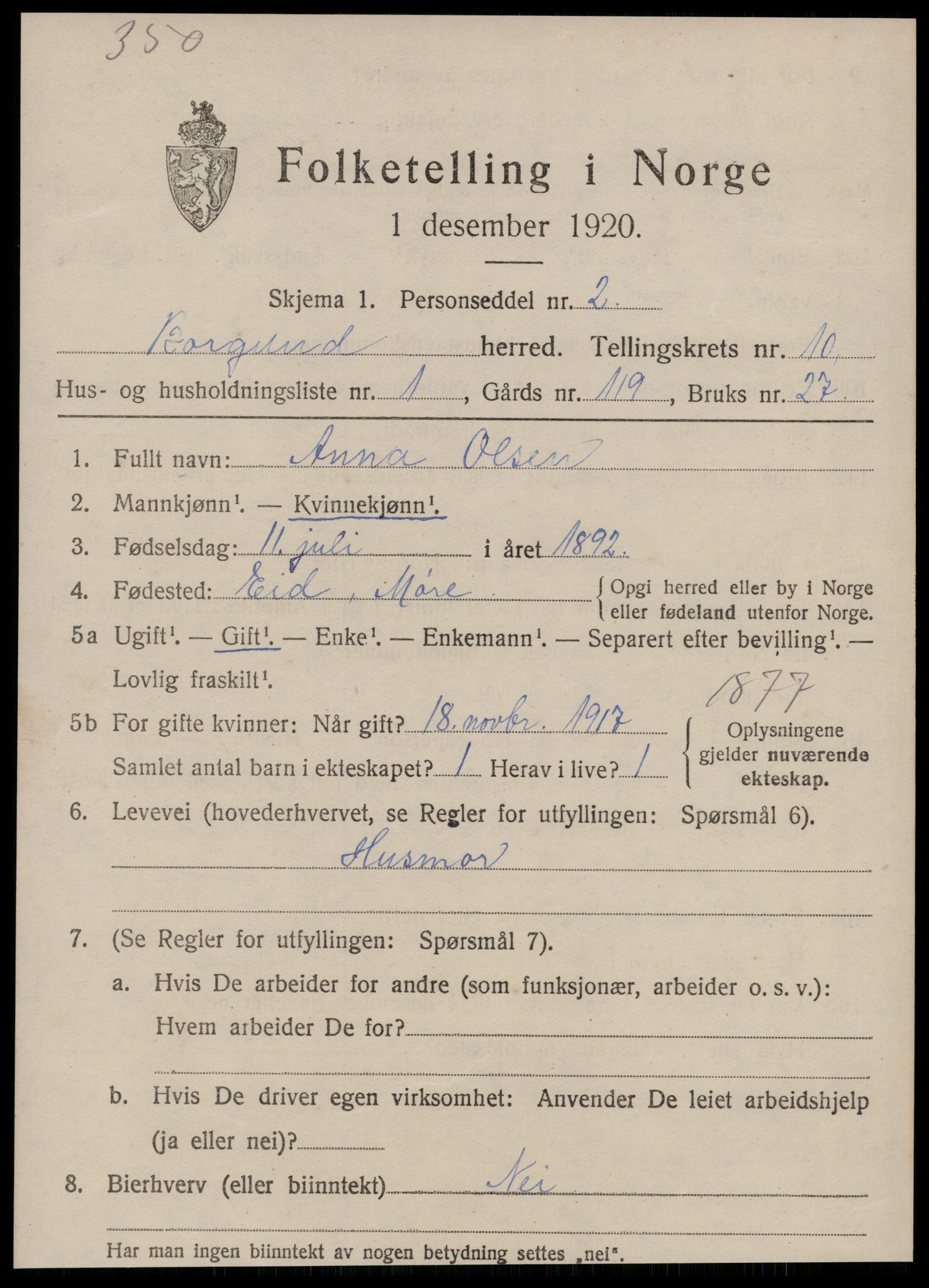 SAT, 1920 census for Borgund, 1920, p. 9114