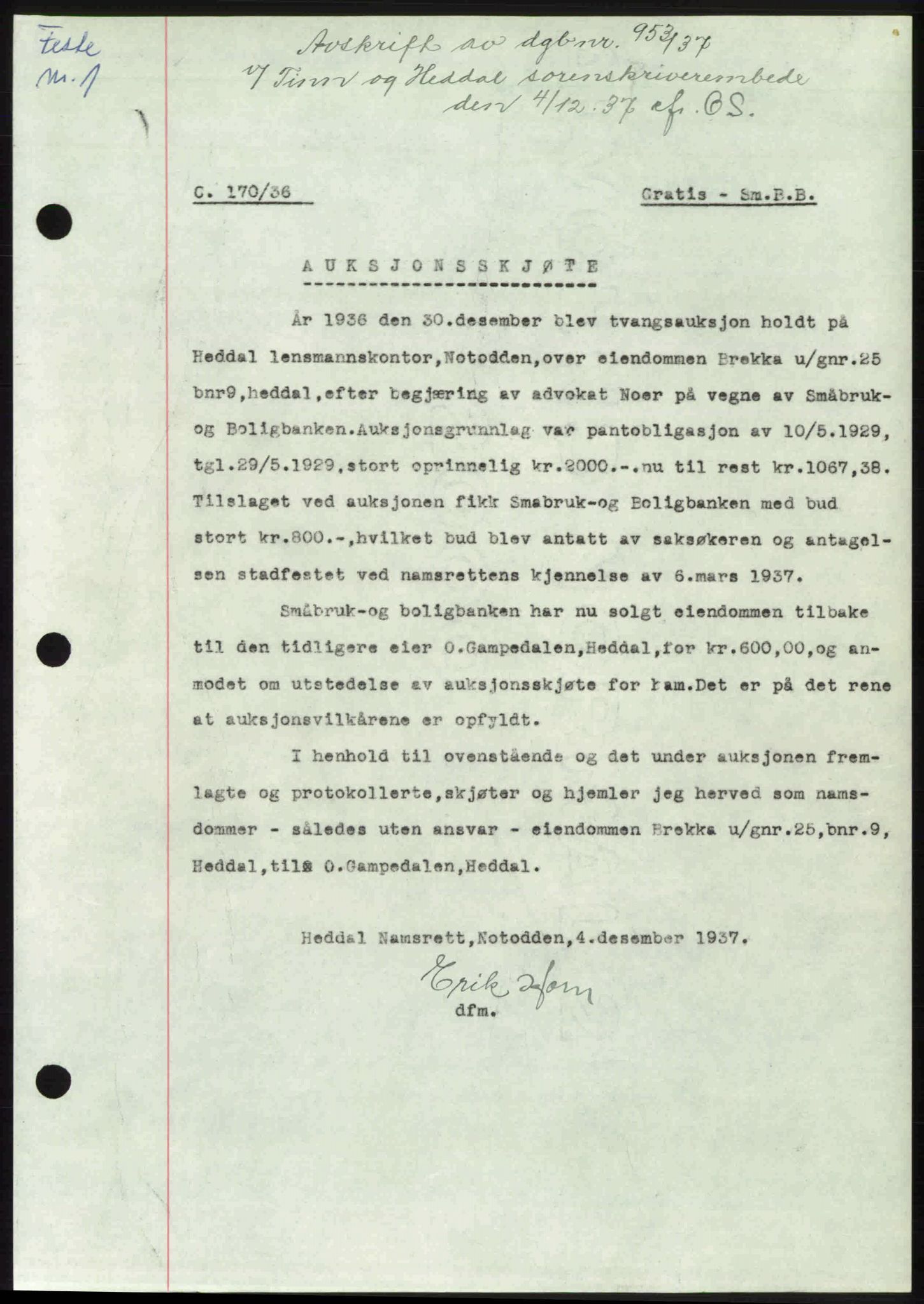 Tinn og Heddal sorenskriveri, AV/SAKO-A-212/G/Ga/L0003: Mortgage book no. 3, 1937-1938, Diary no: : 953/1937