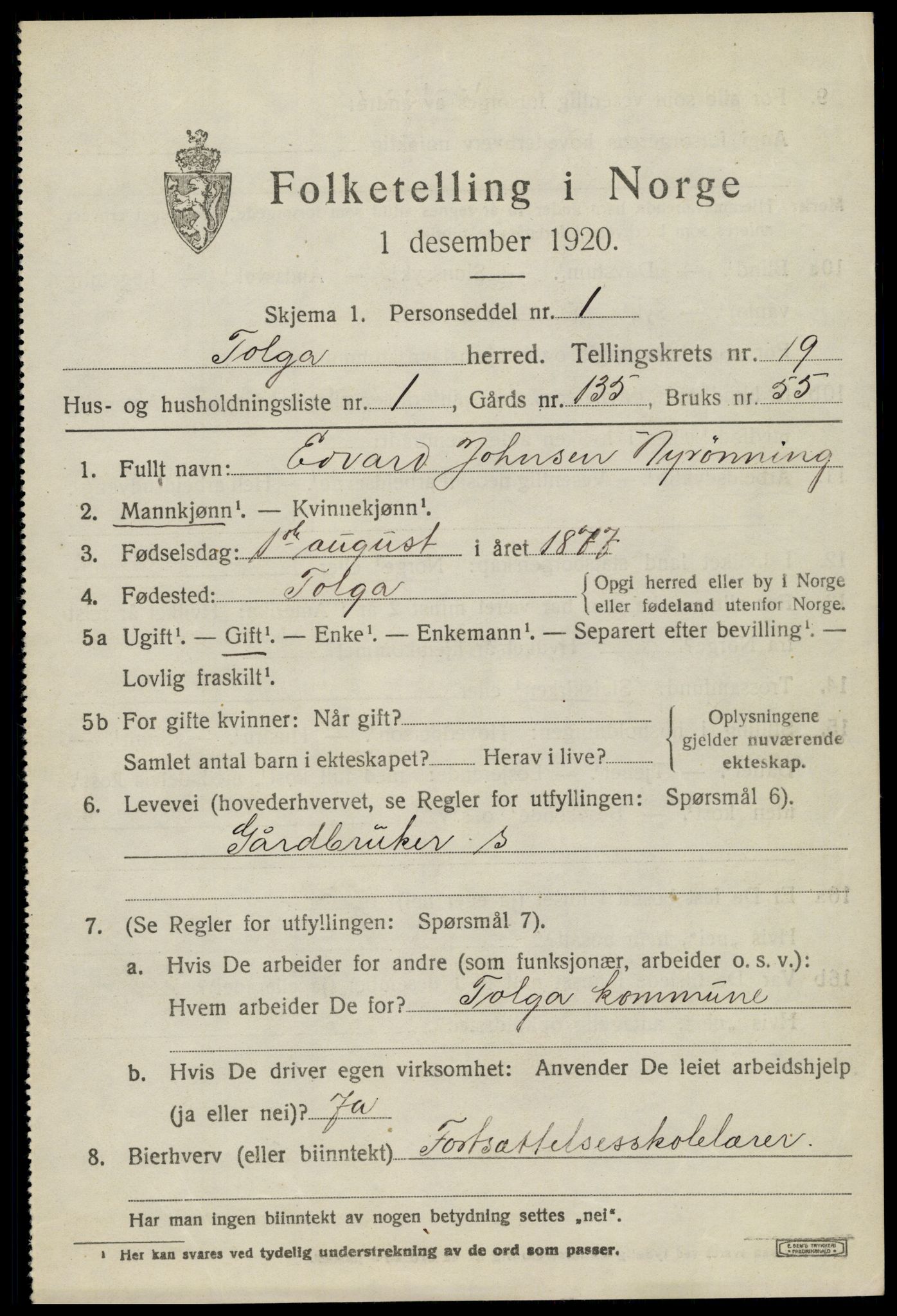 SAH, 1920 census for Tolga, 1920, p. 8457