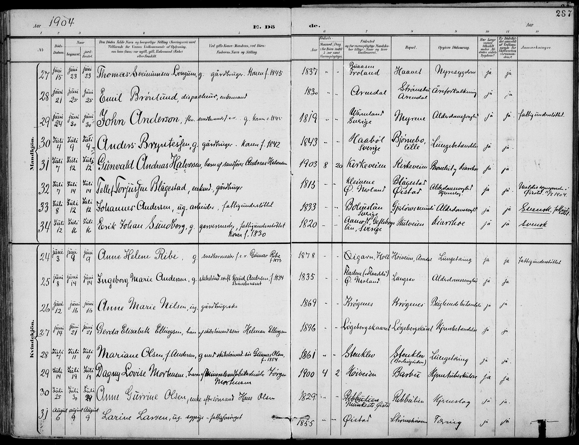 Barbu sokneprestkontor, AV/SAK-1111-0003/F/Fa/L0005: Parish register (official) no. A 5, 1899-1909, p. 287