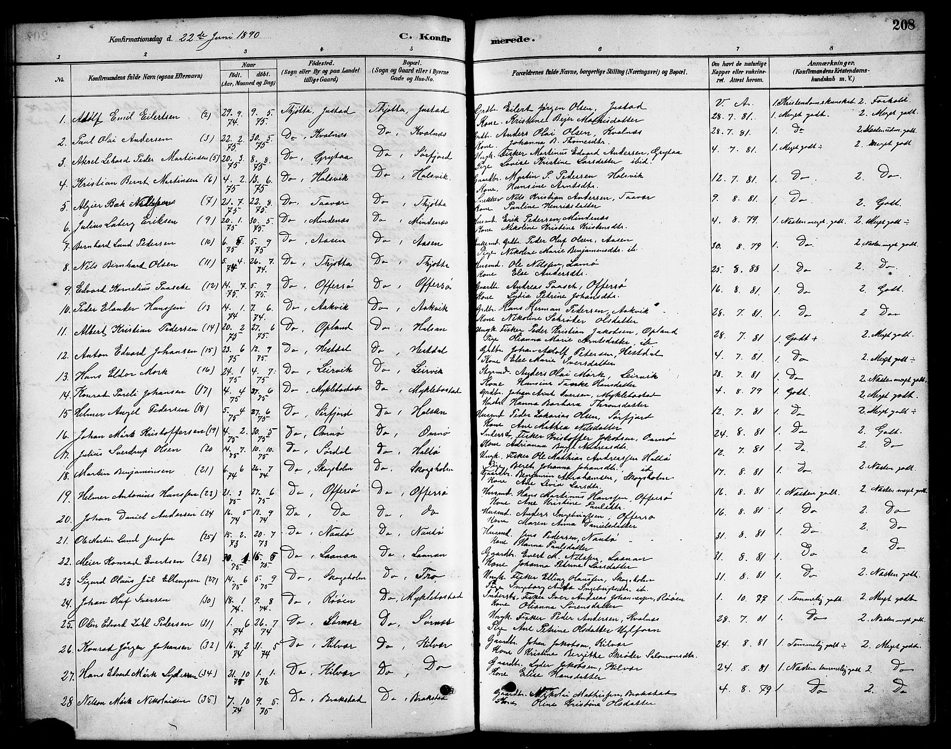 Ministerialprotokoller, klokkerbøker og fødselsregistre - Nordland, AV/SAT-A-1459/817/L0268: Parish register (copy) no. 817C03, 1884-1920, p. 208