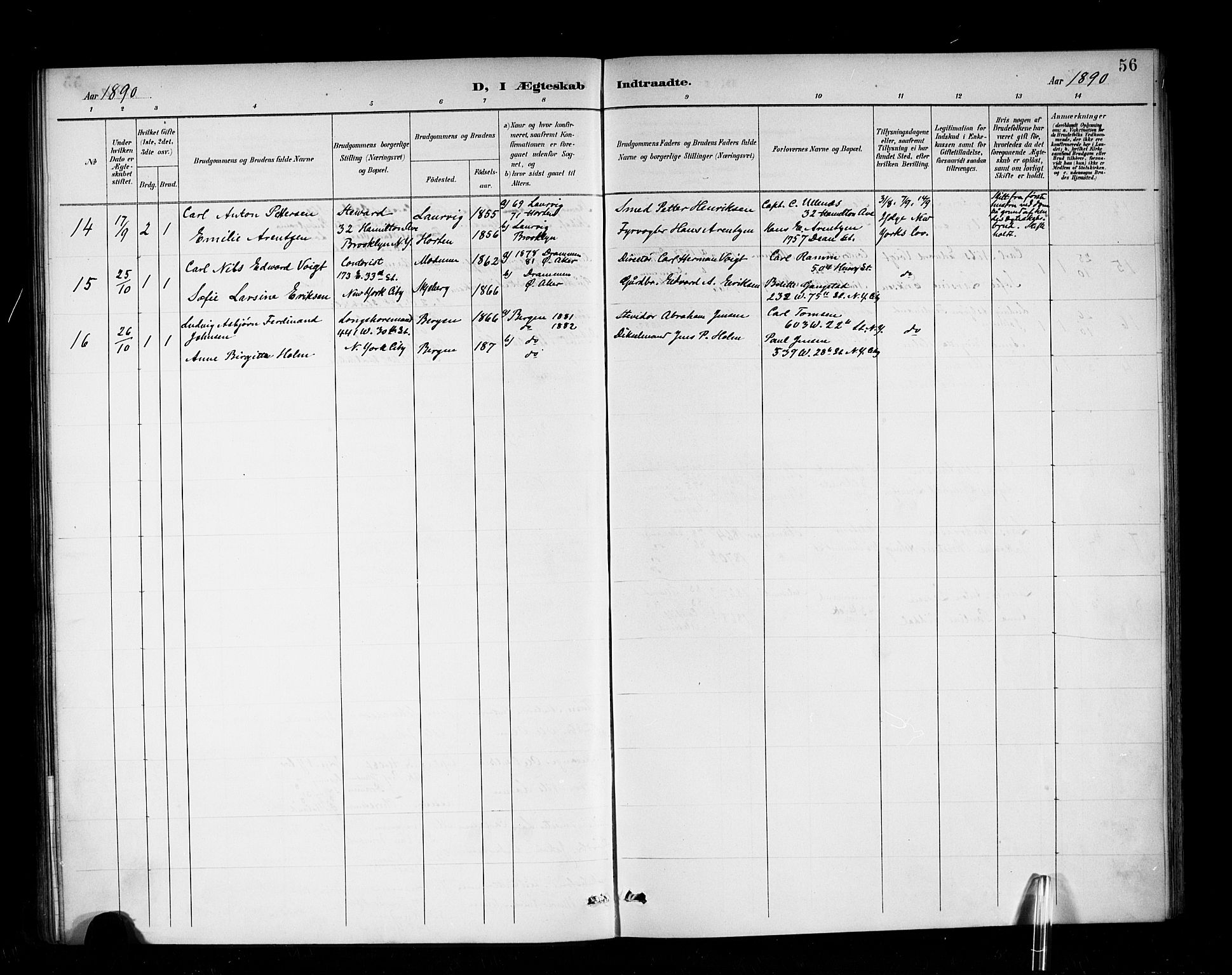 Den norske sjømannsmisjon i utlandet/New York, SAB/SAB/PA-0110/H/Ha/L0003: Parish register (official) no. A 3, 1888-1893, p. 56