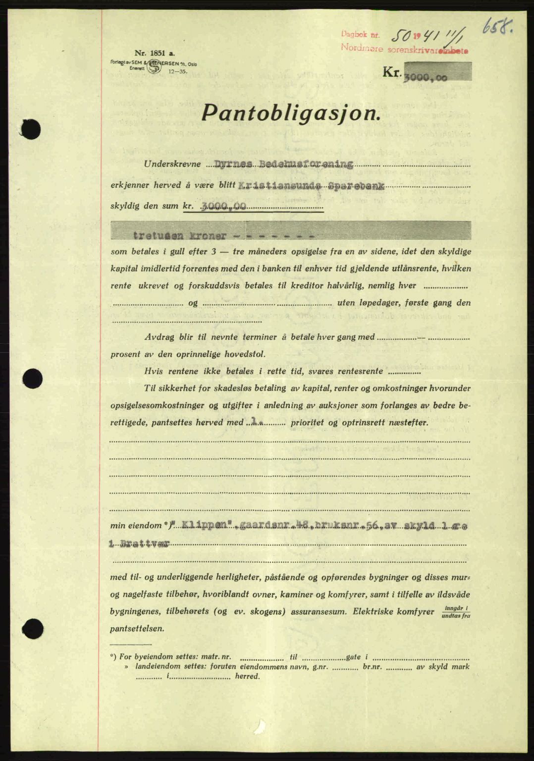 Nordmøre sorenskriveri, AV/SAT-A-4132/1/2/2Ca: Mortgage book no. B87, 1940-1941, Diary no: : 50/1941