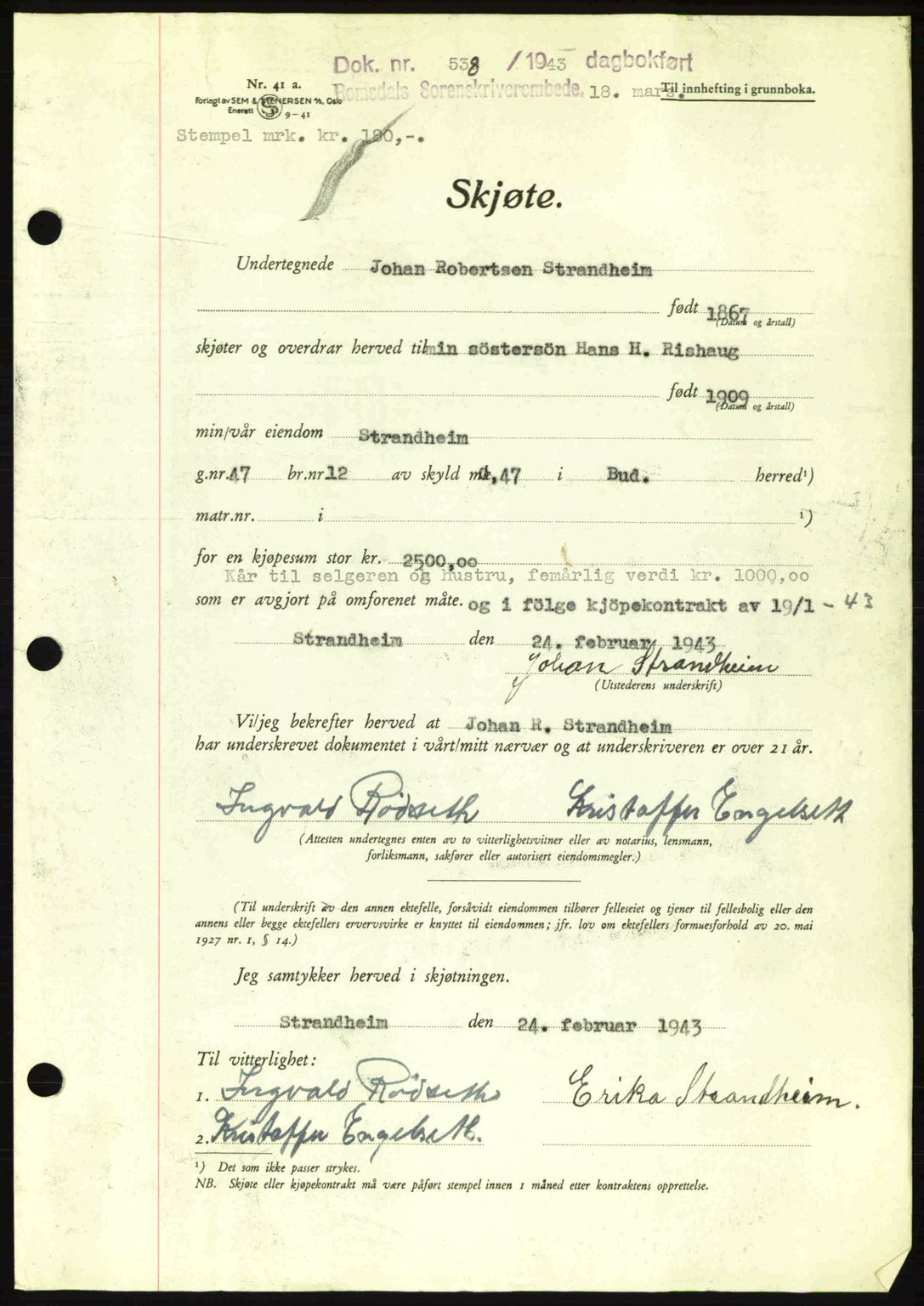 Romsdal sorenskriveri, AV/SAT-A-4149/1/2/2C: Mortgage book no. A14, 1943-1943, Diary no: : 538/1943