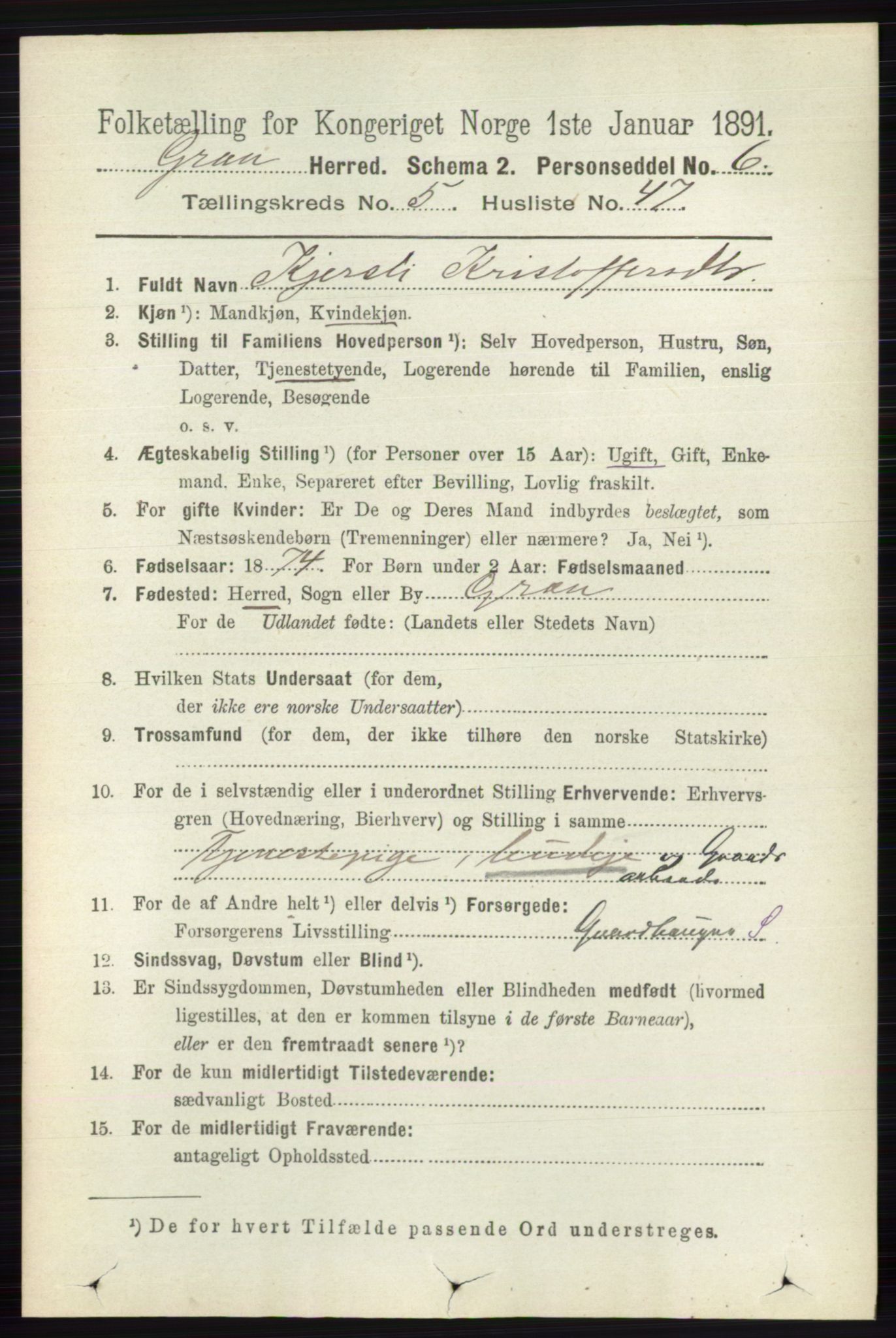 RA, 1891 census for 0534 Gran, 1891, p. 1890