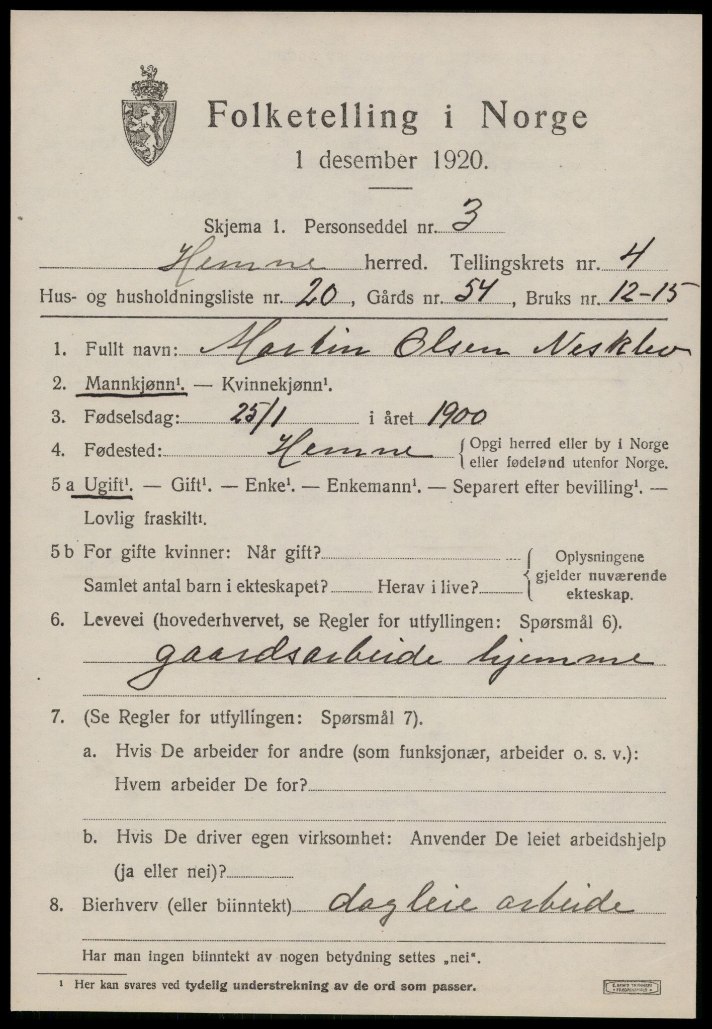 SAT, 1920 census for Hemne, 1920, p. 3092