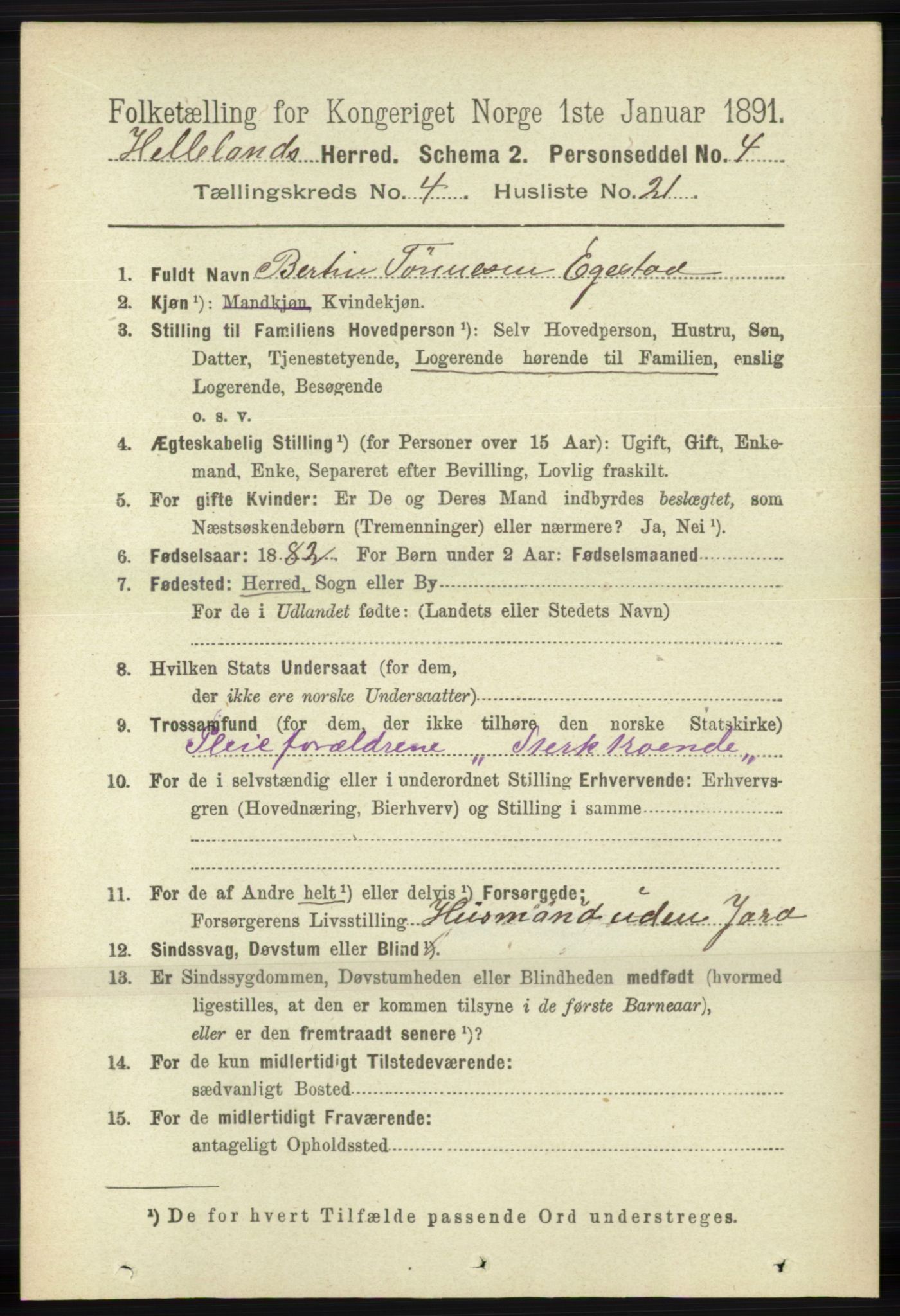 RA, 1891 census for 1115 Helleland, 1891, p. 1296