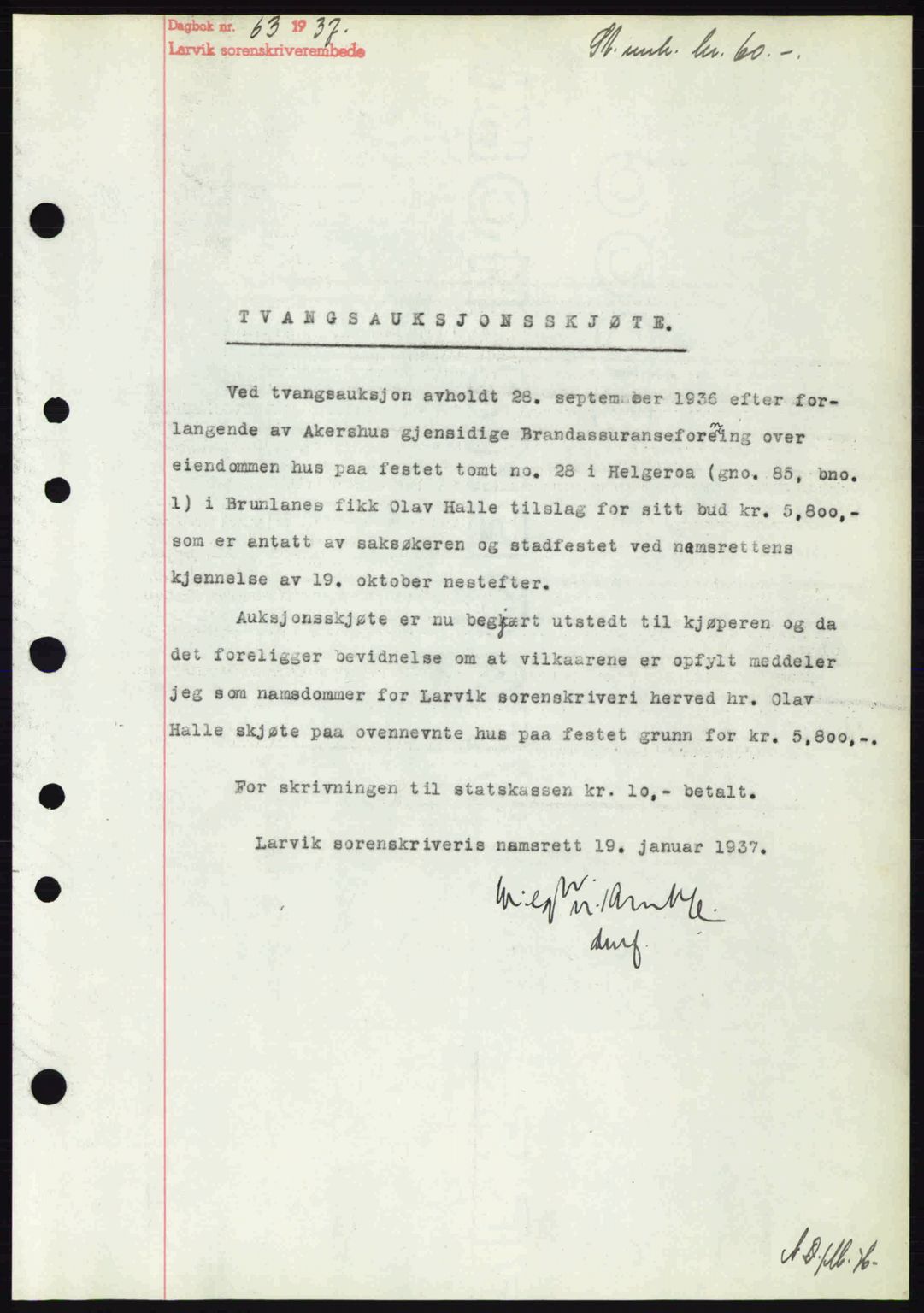 Larvik sorenskriveri, SAKO/A-83/G/Ga/Gab/L0067: Mortgage book no. A-1, 1936-1937, Diary no: : 63/1937