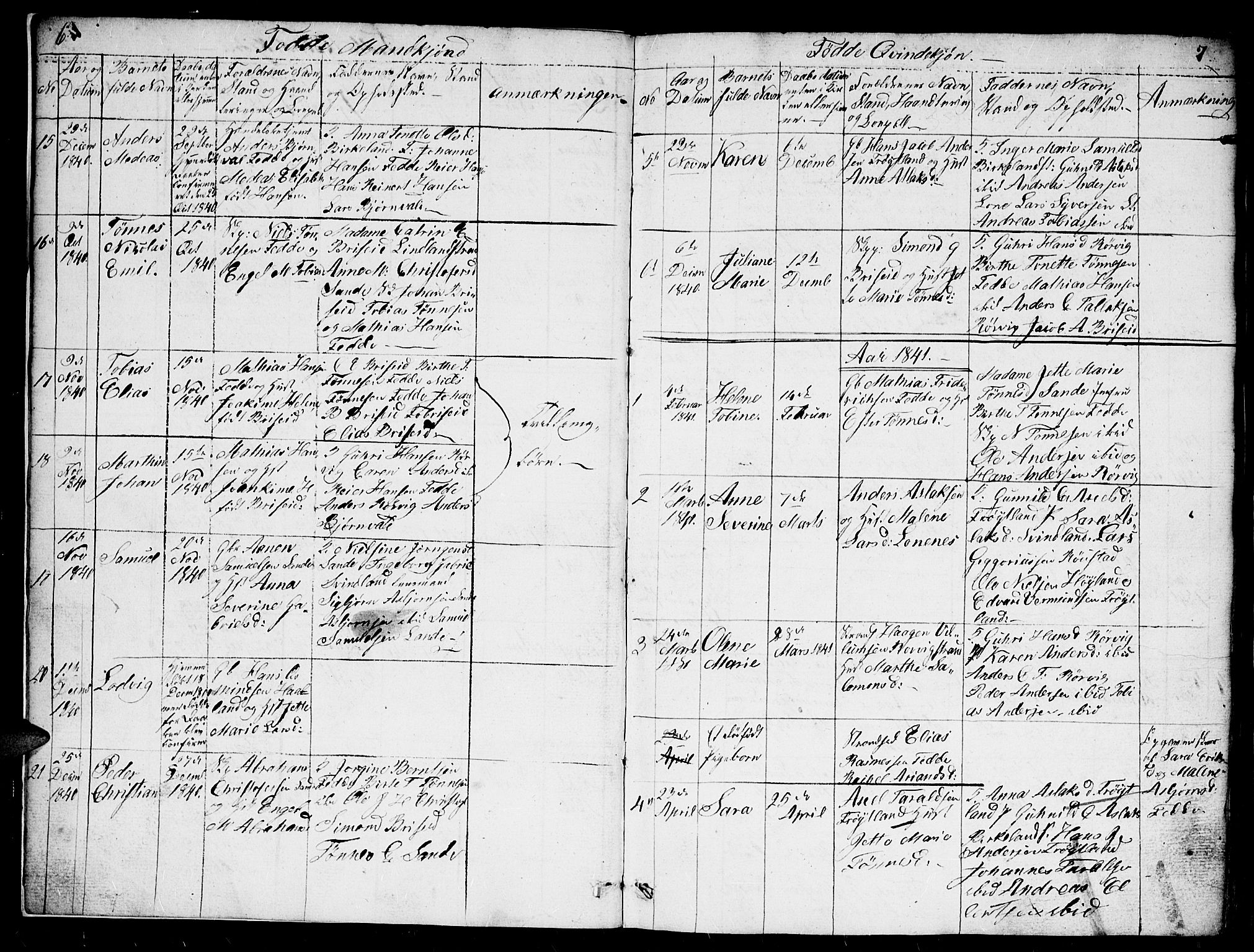 Kvinesdal sokneprestkontor, SAK/1111-0026/F/Fb/Fba/L0002: Parish register (copy) no. B 2, 1838-1858, p. 6-7