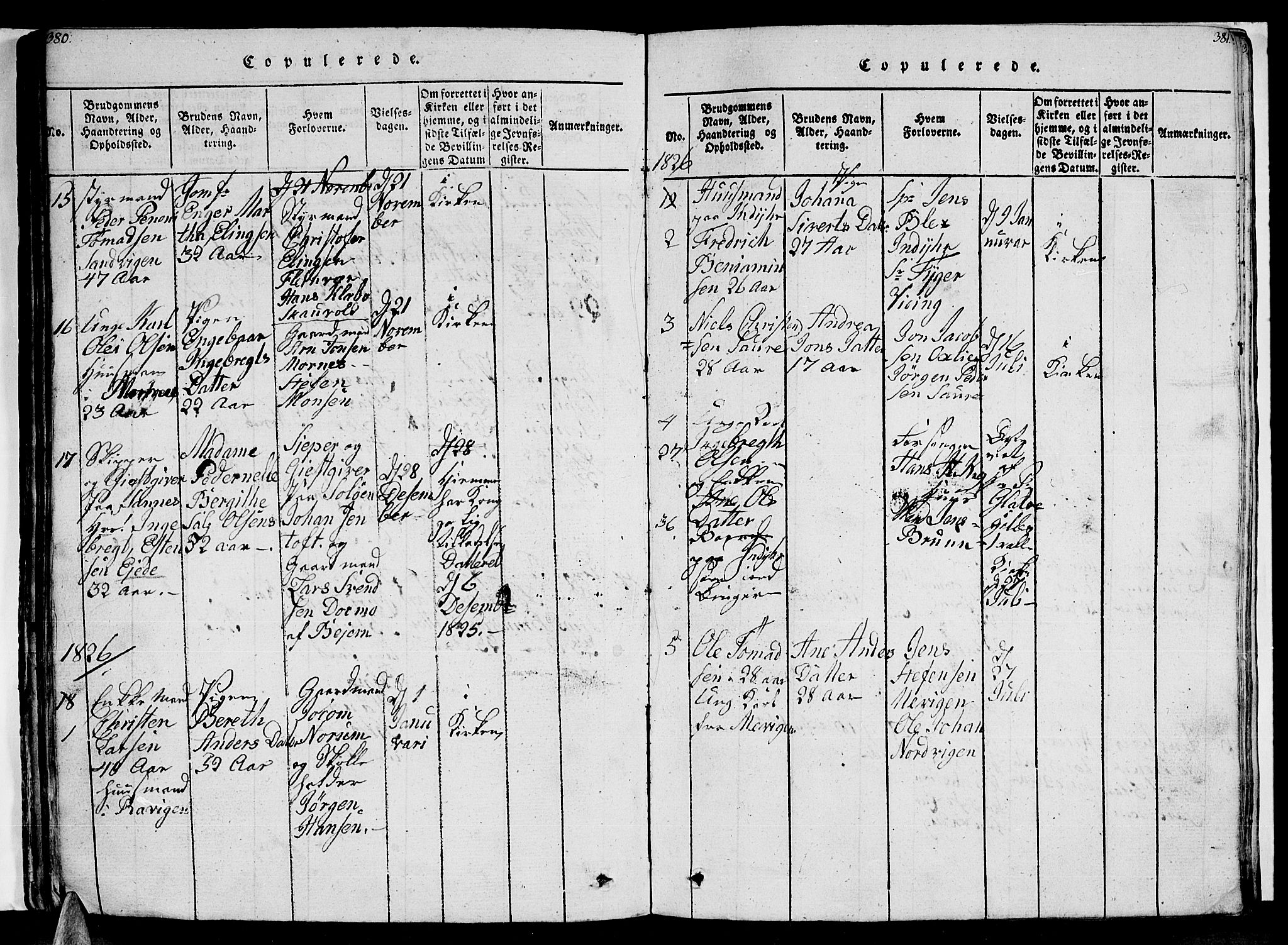 Ministerialprotokoller, klokkerbøker og fødselsregistre - Nordland, SAT/A-1459/805/L0105: Parish register (copy) no. 805C01, 1820-1839, p. 380-381