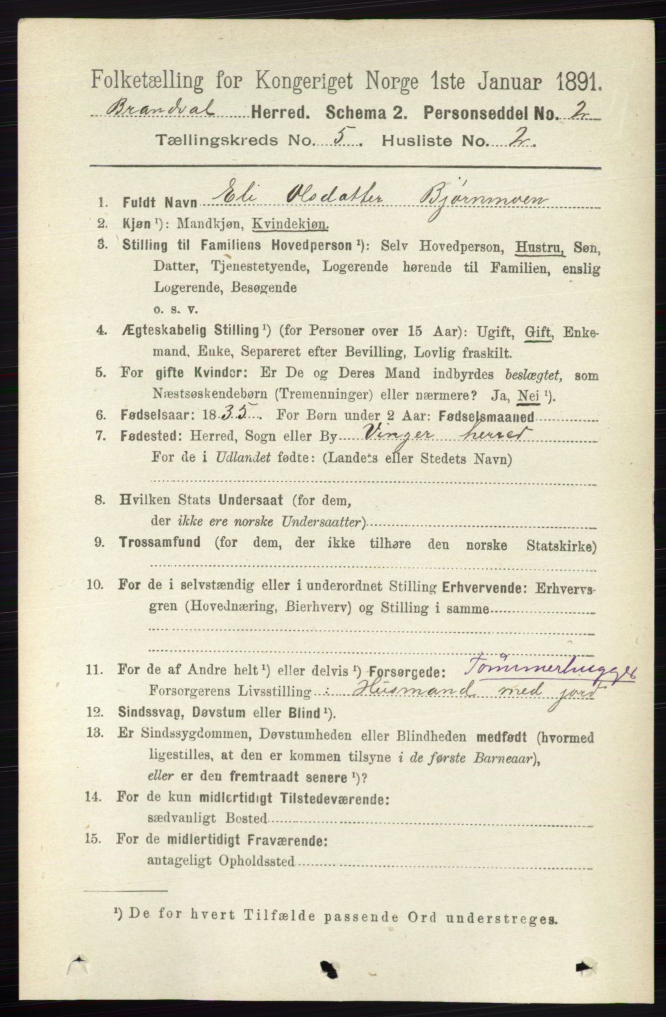 RA, 1891 census for 0422 Brandval, 1891, p. 2209