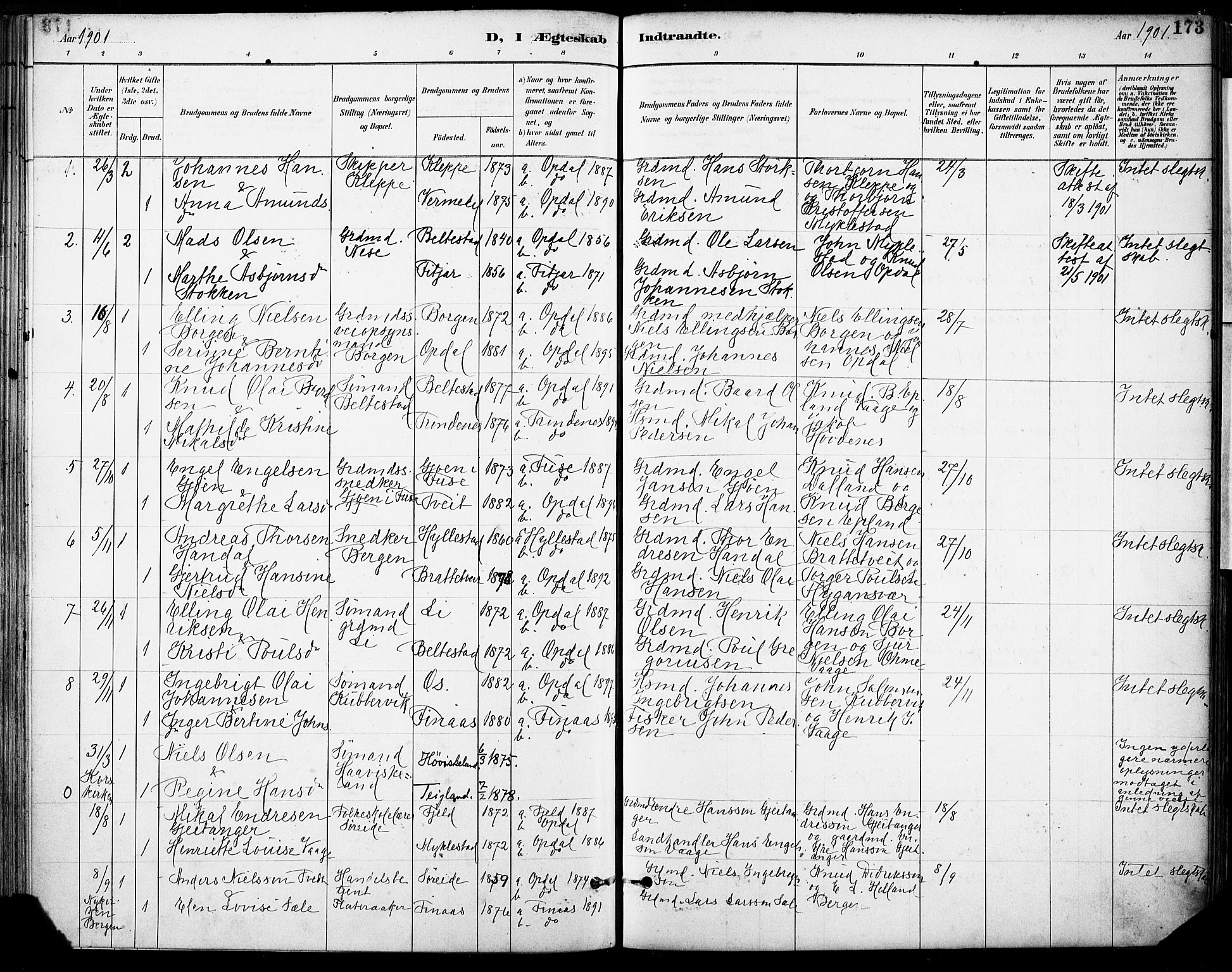 Tysnes sokneprestembete, AV/SAB-A-78601/H/Haa: Parish register (official) no. D 1, 1887-1904, p. 173