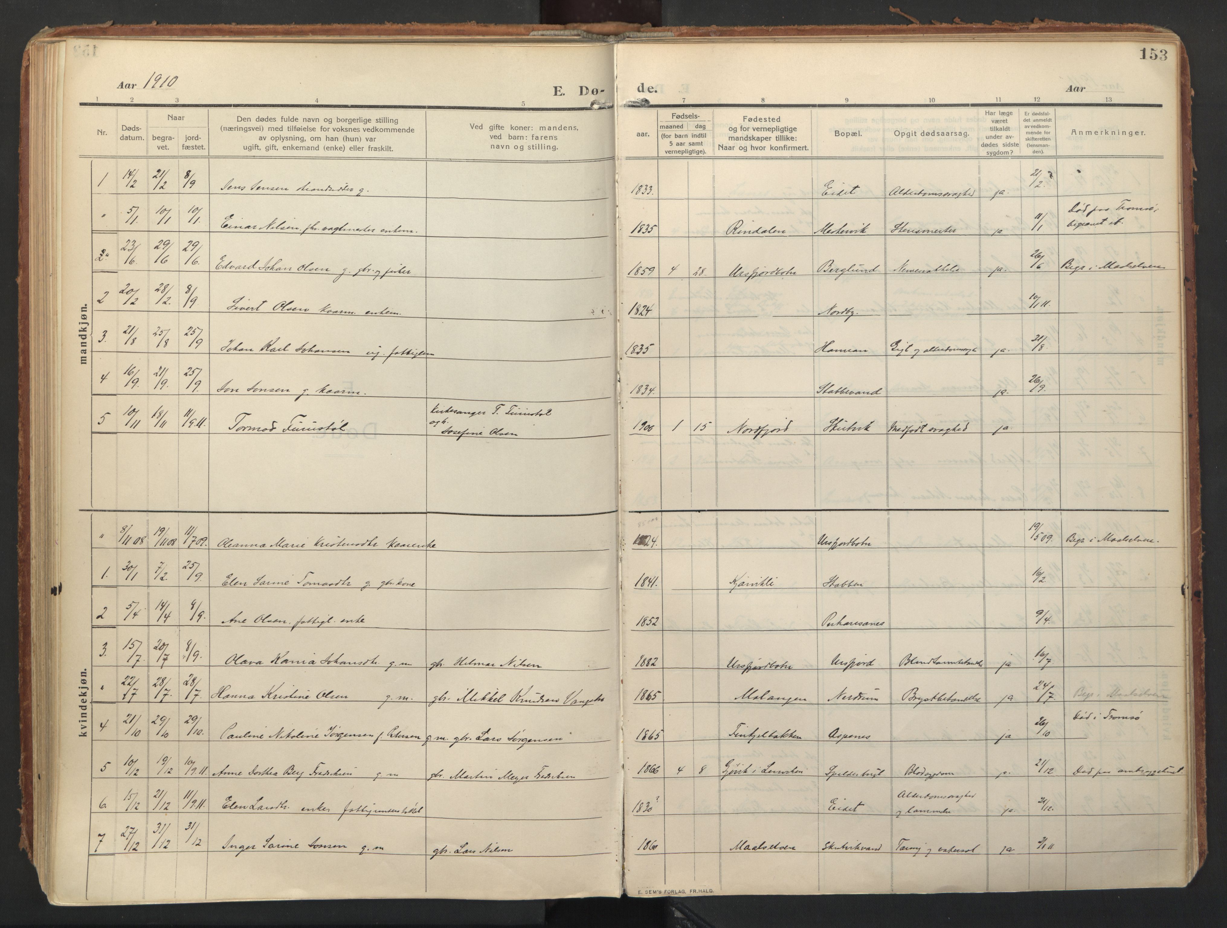 Balsfjord sokneprestembete, AV/SATØ-S-1303/G/Gaa/L0008kirke: Parish register (official) no. 8, 1910-1927, p. 153