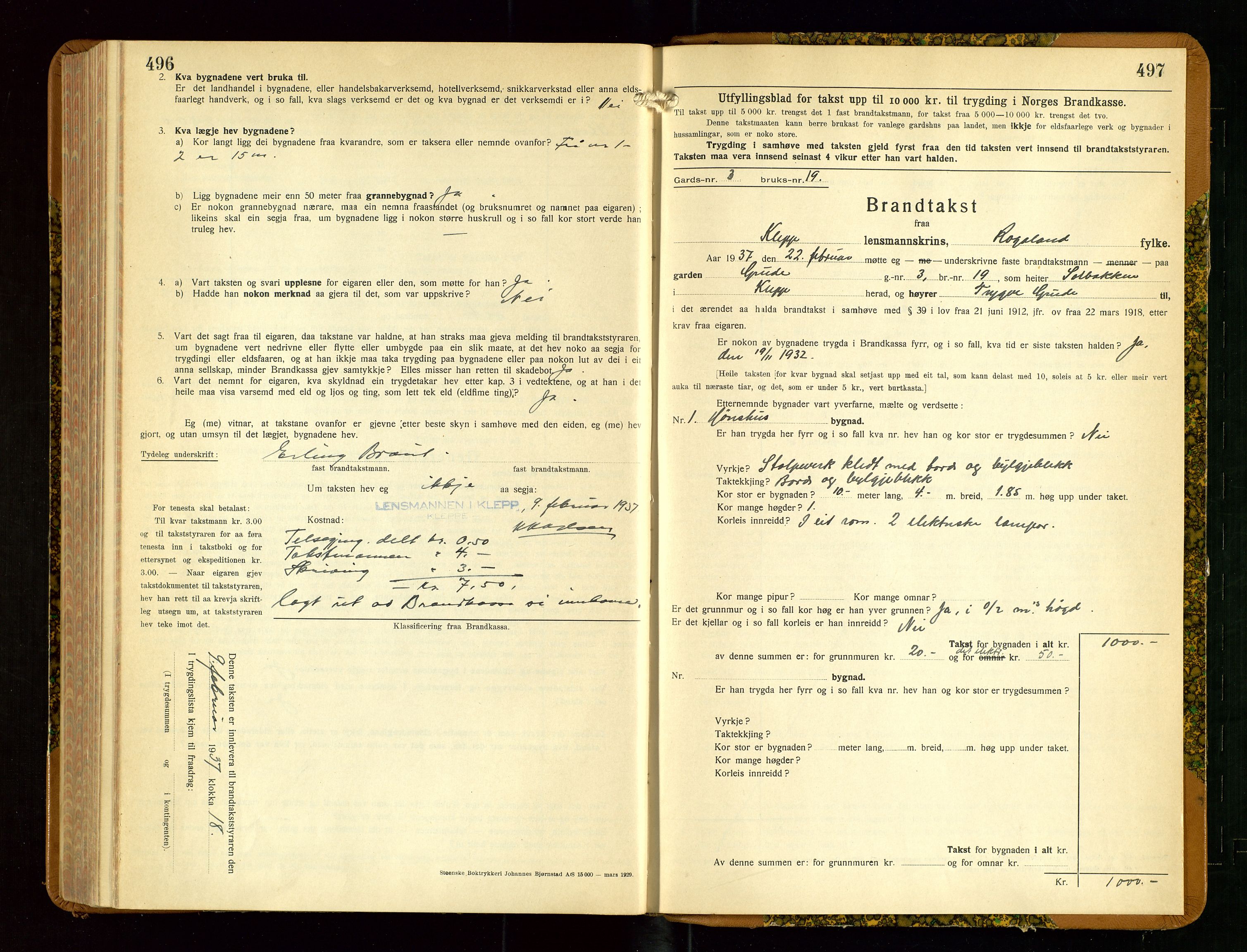 Klepp lensmannskontor, SAST/A-100163/Goc/L0013: "Brandtakstbok" m/register, 1933-1937, p. 496-497