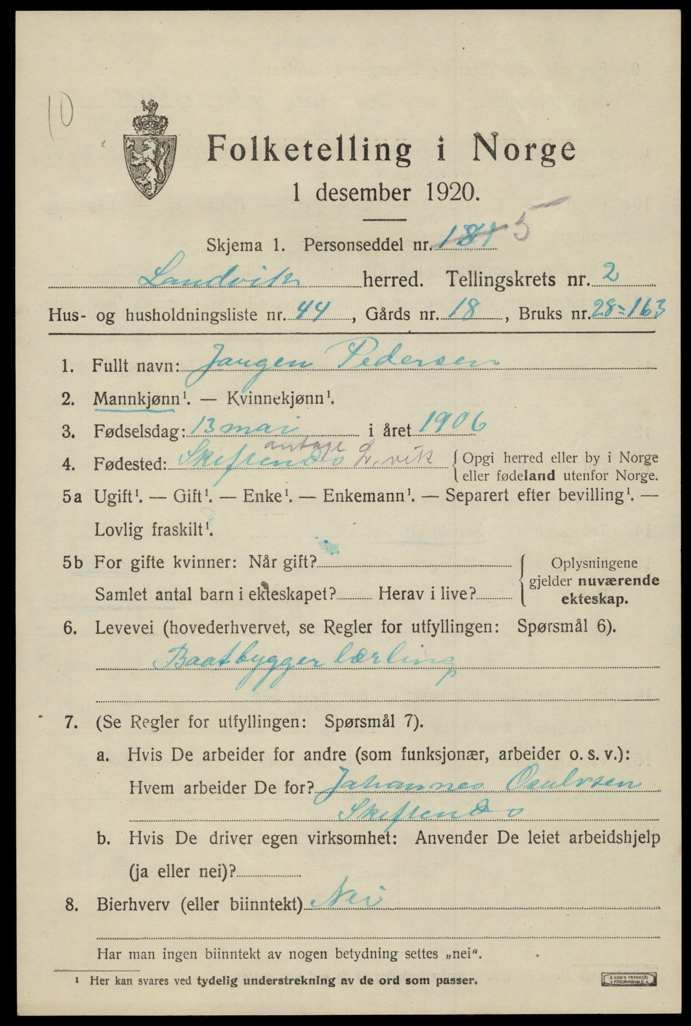 SAK, 1920 census for Landvik, 1920, p. 2128