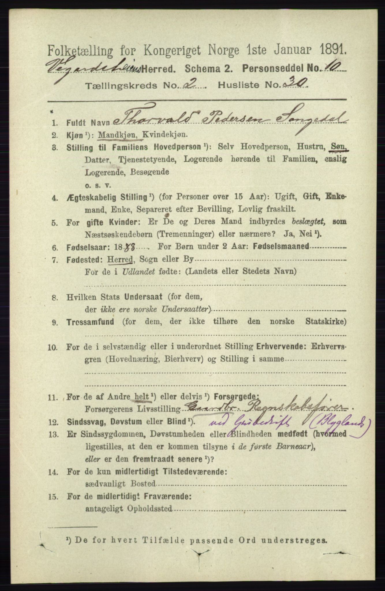 RA, 1891 census for 0912 Vegårshei, 1891, p. 594