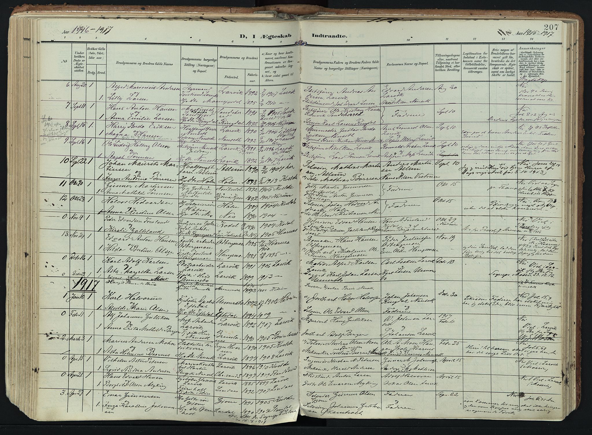 Hedrum kirkebøker, SAKO/A-344/F/Fa/L0010: Parish register (official) no. I 10, 1904-1918, p. 207