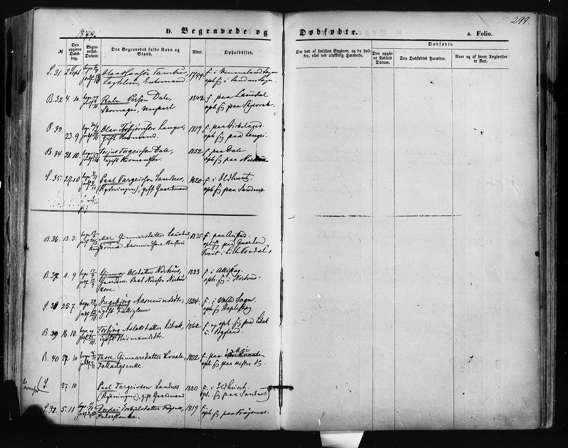 Bygland sokneprestkontor, SAK/1111-0006/F/Fa/Fab/L0006: Parish register (official) no. A 6, 1873-1884, p. 299