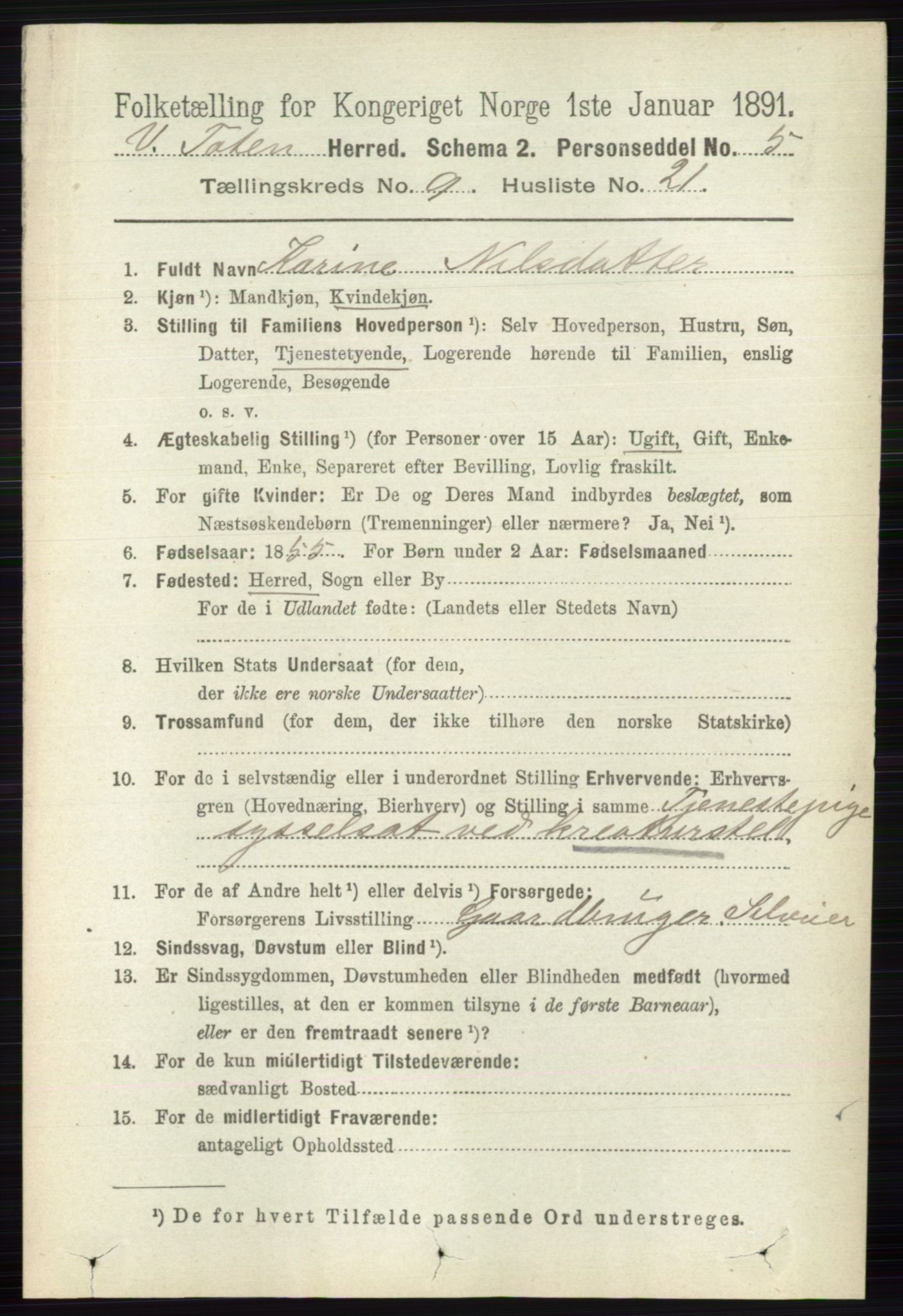 RA, 1891 census for 0529 Vestre Toten, 1891, p. 5681