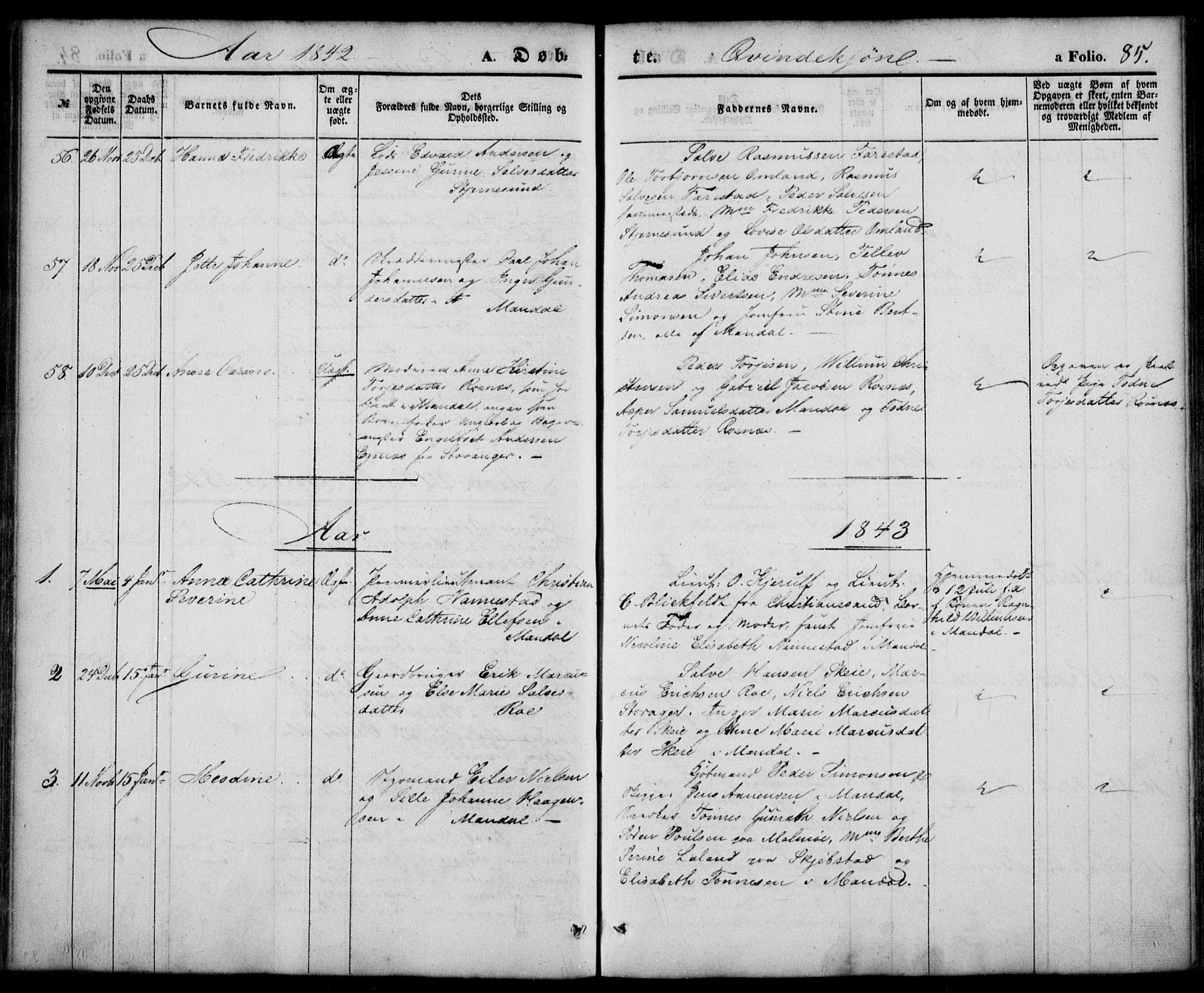 Mandal sokneprestkontor, SAK/1111-0030/F/Fa/Faa/L0012: Parish register (official) no. A 12, 1840-1847, p. 85