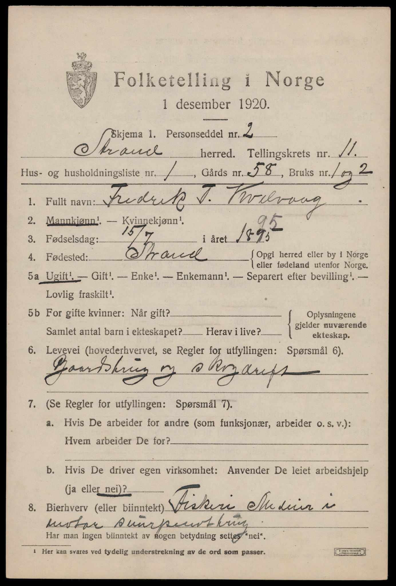 SAST, 1920 census for Strand, 1920, p. 7049