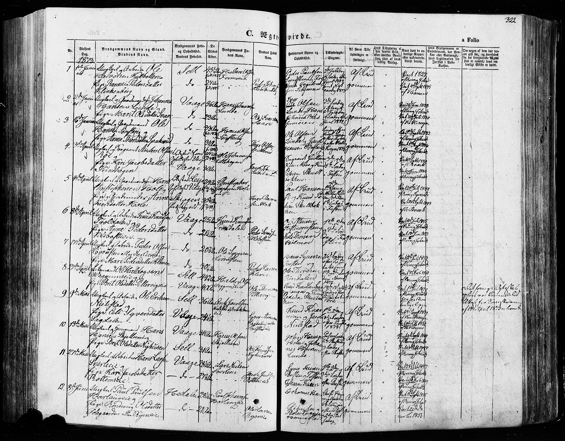 Vågå prestekontor, SAH/PREST-076/H/Ha/Haa/L0007: Parish register (official) no. 7 /1, 1872-1886, p. 322