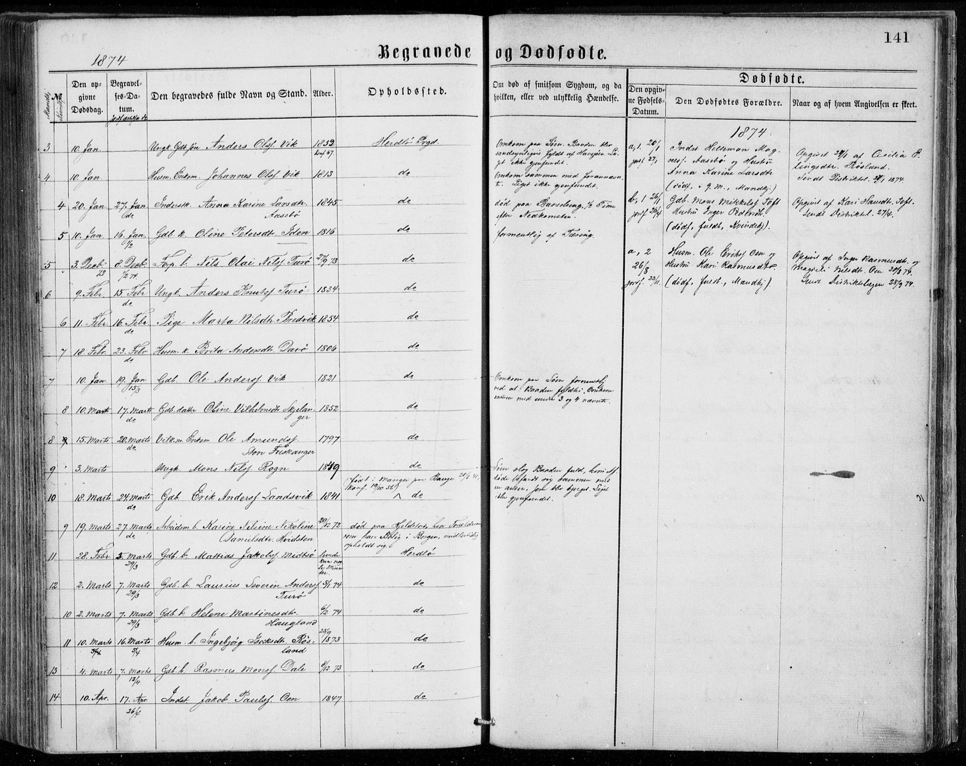 Herdla Sokneprestembete, AV/SAB-A-75701/H/Haa: Parish register (official) no. A 2, 1869-1877, p. 141