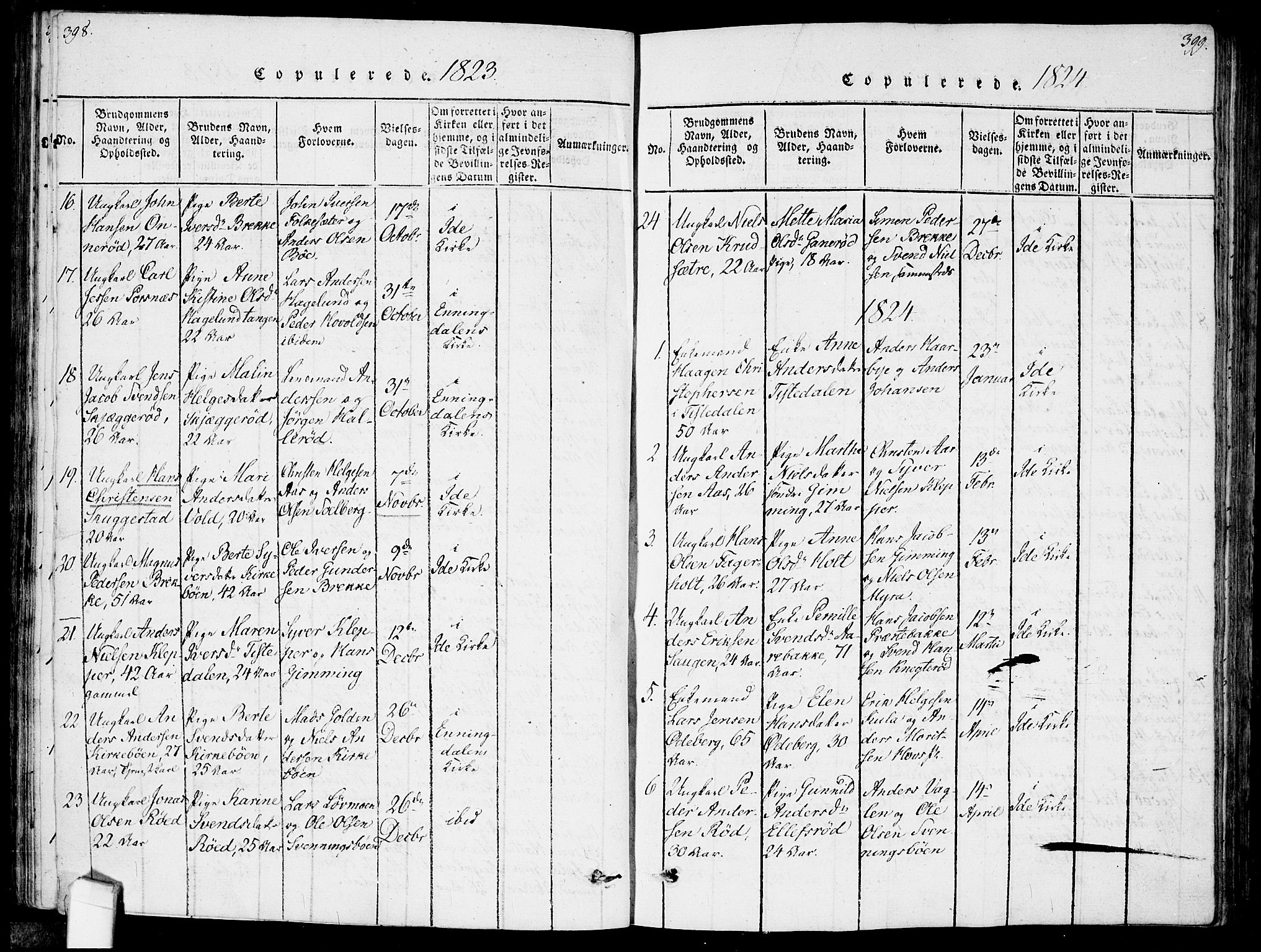 Idd prestekontor Kirkebøker, SAO/A-10911/F/Fc/L0002: Parish register (official) no. III 2, 1815-1831, p. 398-399