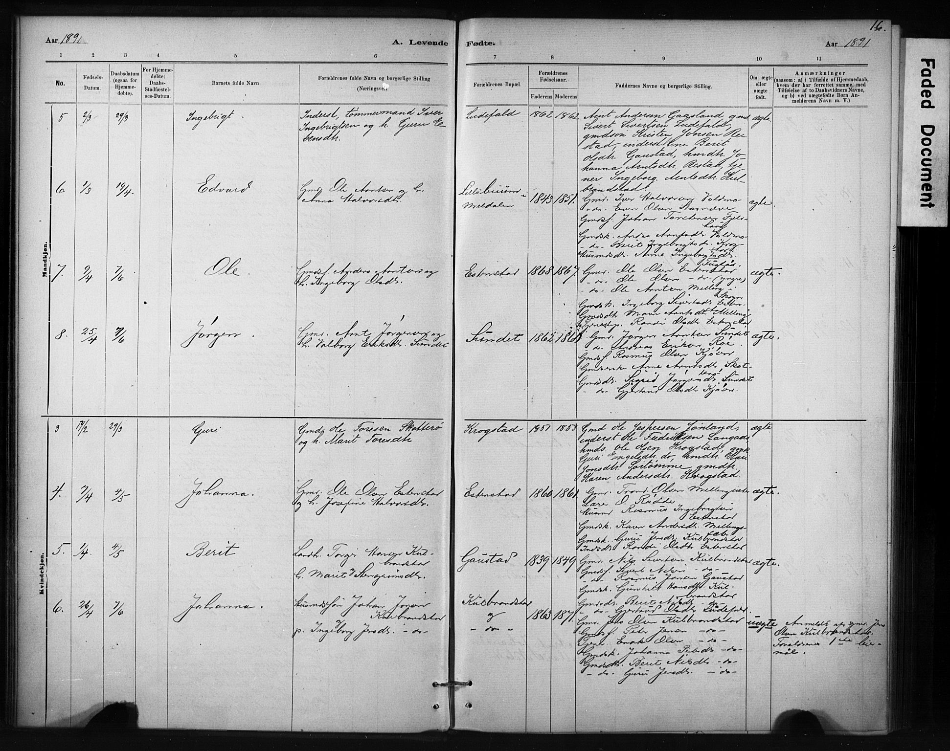 Ministerialprotokoller, klokkerbøker og fødselsregistre - Sør-Trøndelag, AV/SAT-A-1456/694/L1127: Parish register (official) no. 694A01, 1887-1905, p. 16