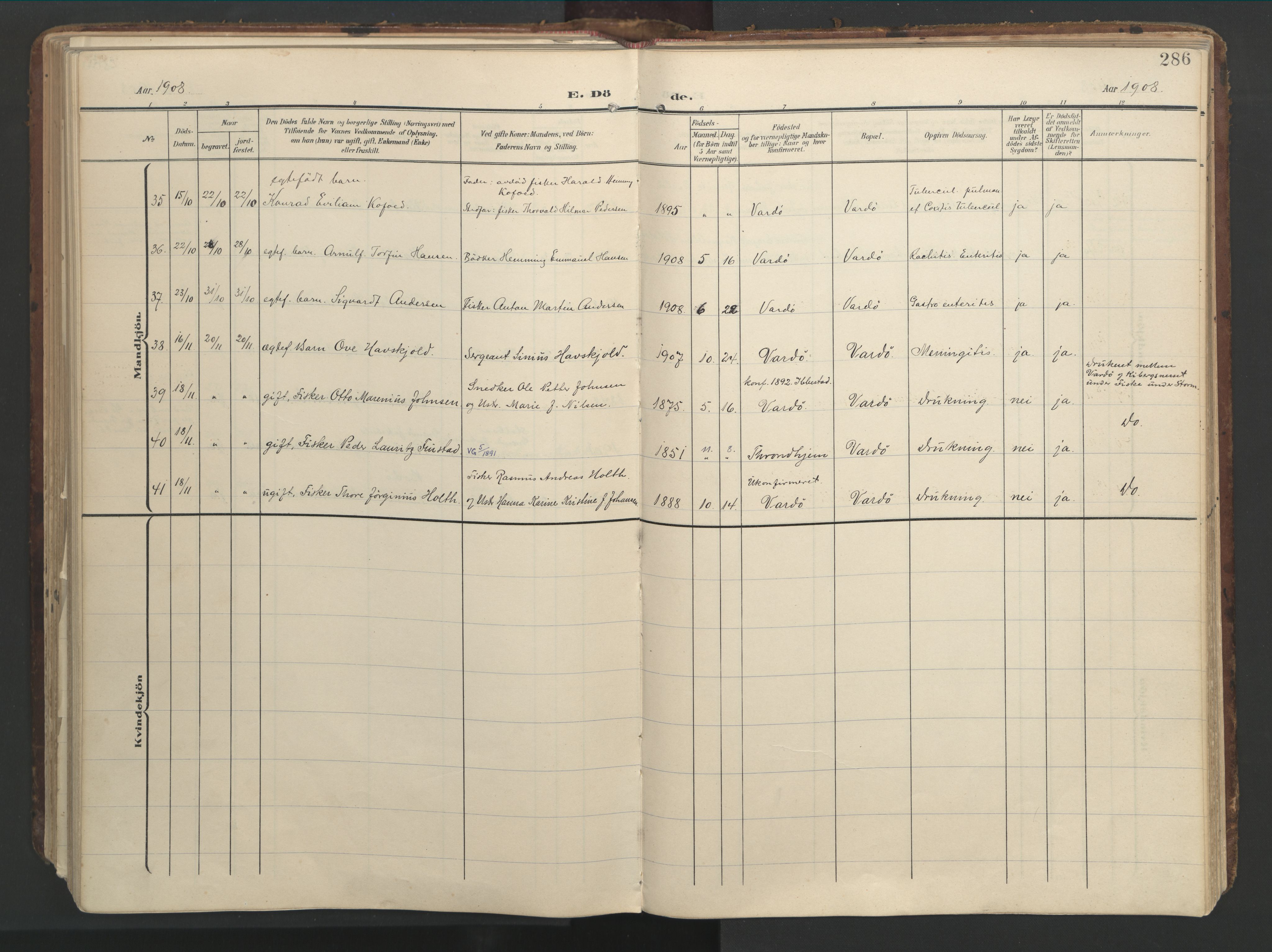 Vardø sokneprestkontor, AV/SATØ-S-1332/H/Ha/L0012kirke: Parish register (official) no. 12, 1907-1921, p. 286