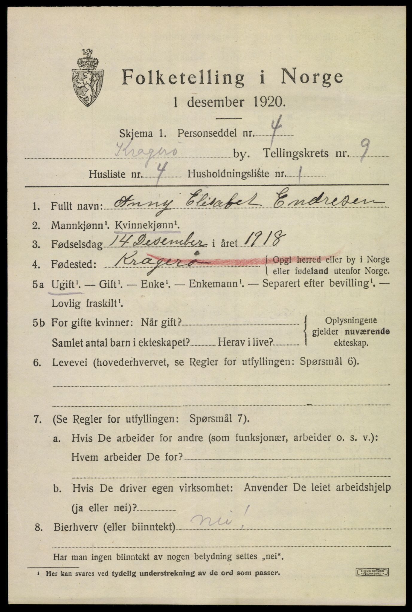 SAKO, 1920 census for Kragerø, 1920, p. 11993