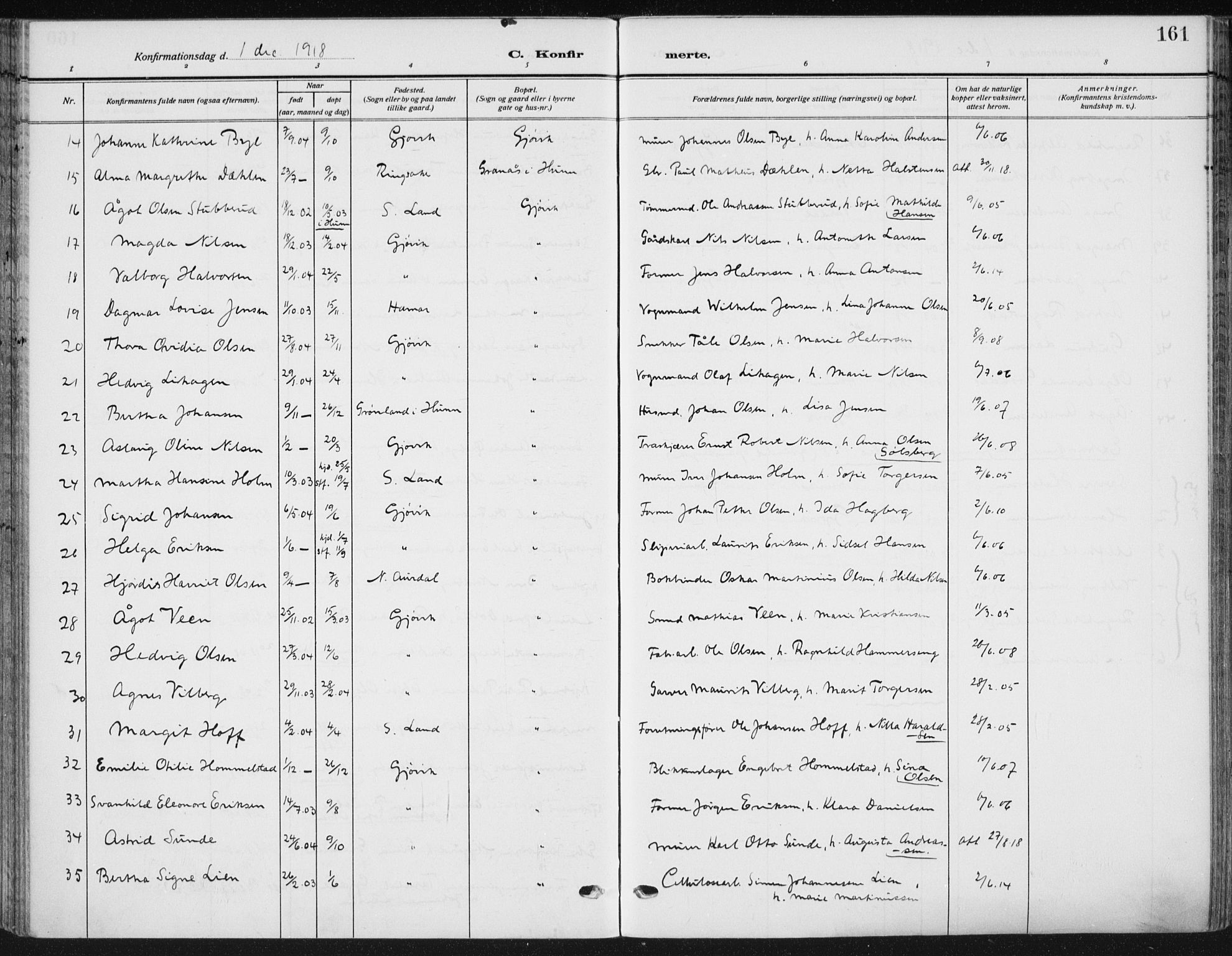 Vardal prestekontor, AV/SAH-PREST-100/H/Ha/Haa/L0014: Parish register (official) no. 14, 1912-1922, p. 161