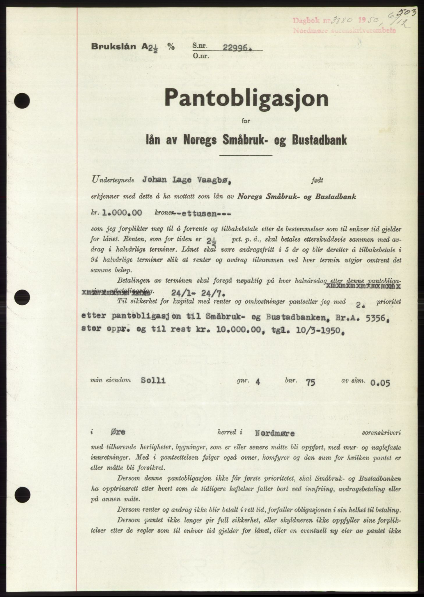 Nordmøre sorenskriveri, AV/SAT-A-4132/1/2/2Ca: Mortgage book no. B106, 1950-1950, Diary no: : 3880/1950