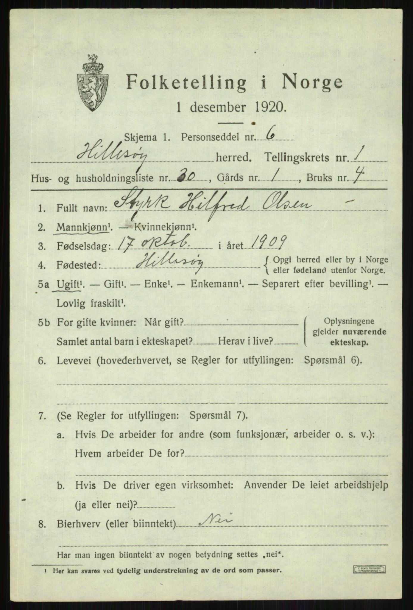 SATØ, 1920 census for Hillesøy, 1920, p. 1077