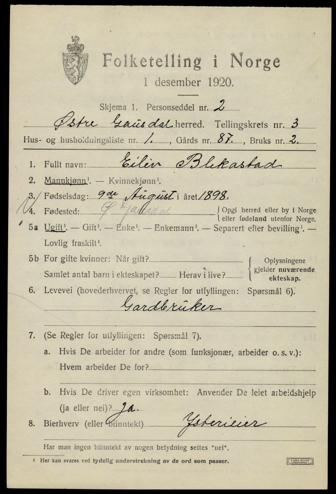 SAH, 1920 census for Østre Gausdal, 1920, p. 1912