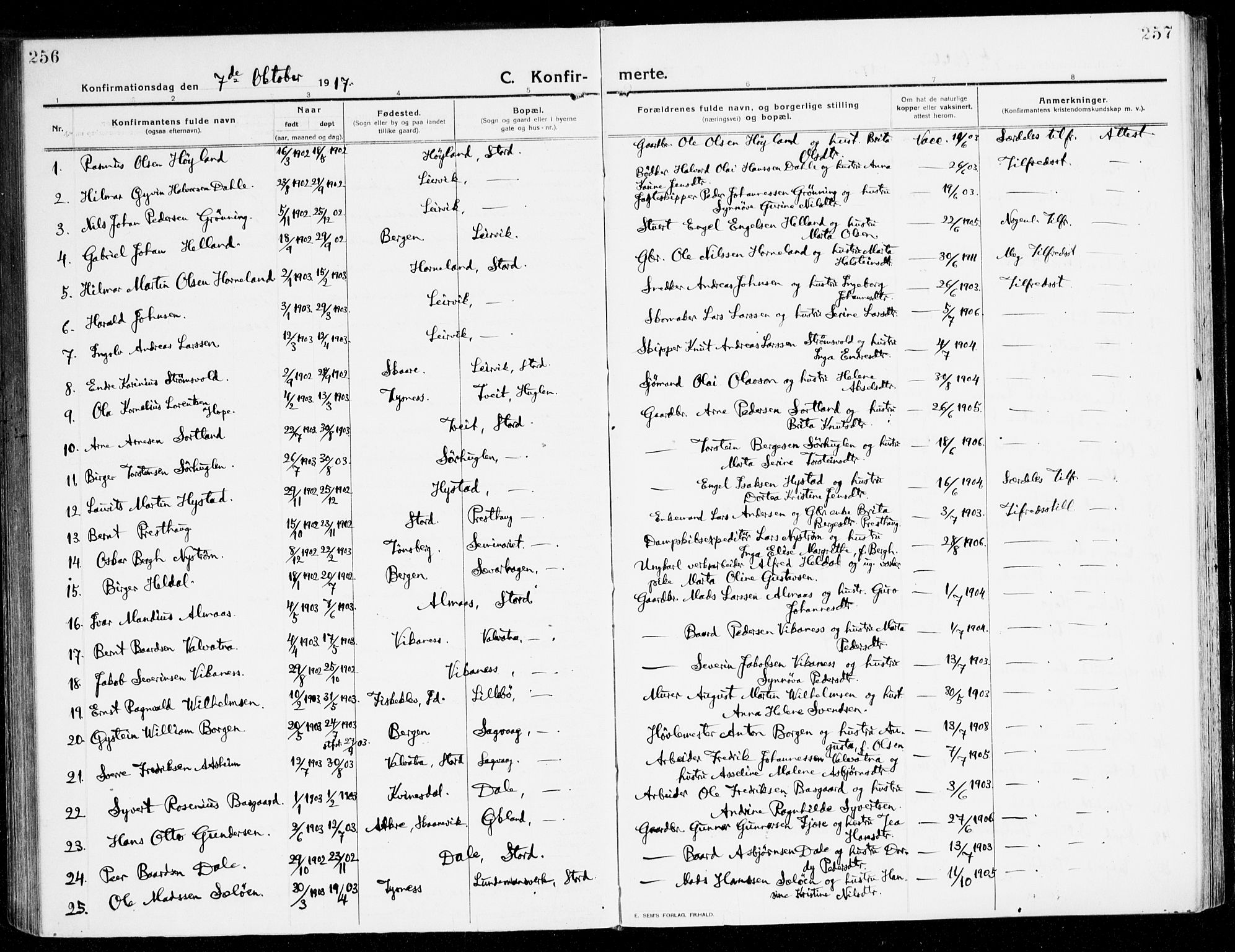 Stord sokneprestembete, SAB/A-78201/H/Haa: Parish register (official) no. B 3, 1913-1925, p. 256-257