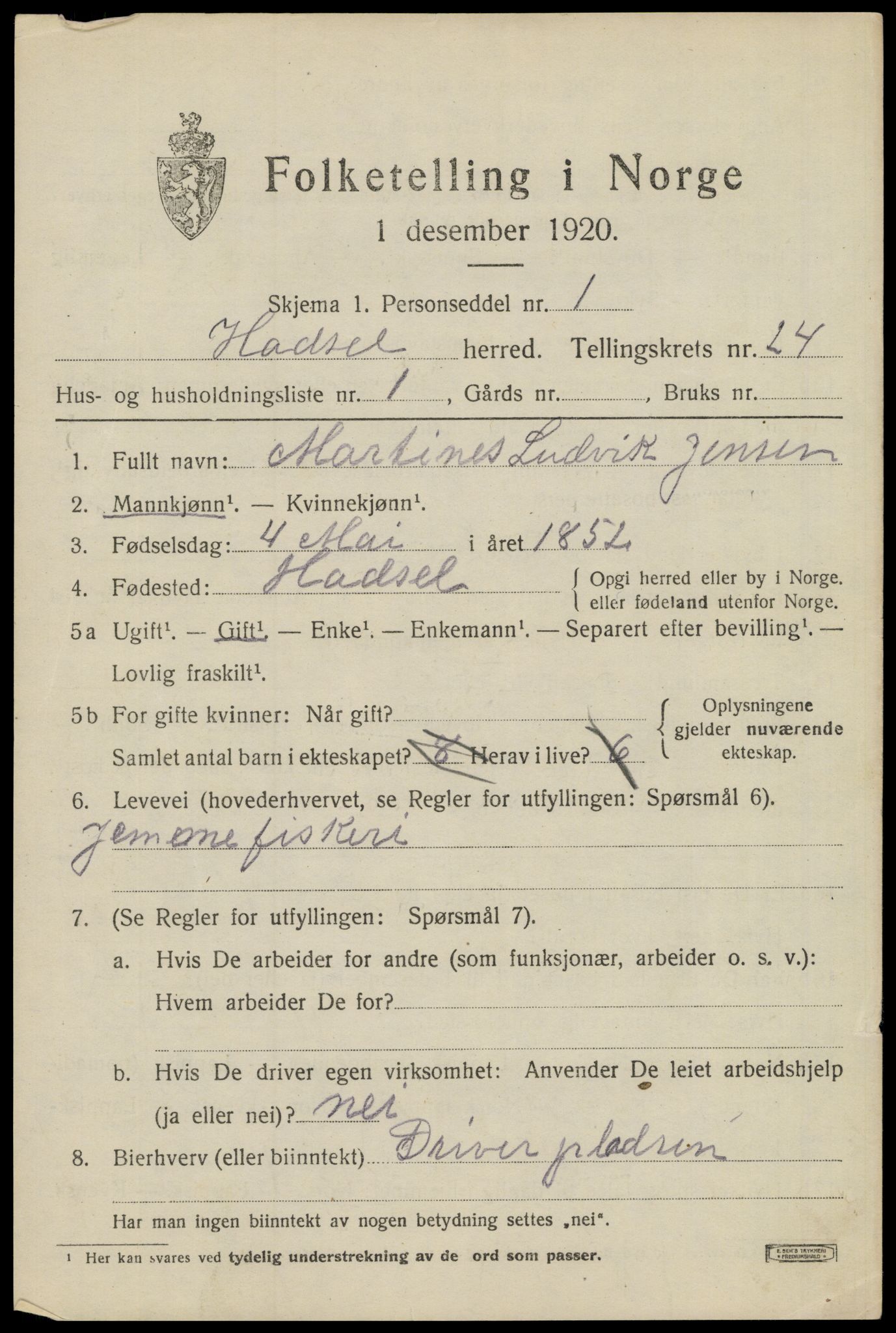 SAT, 1920 census for Hadsel, 1920, p. 21446