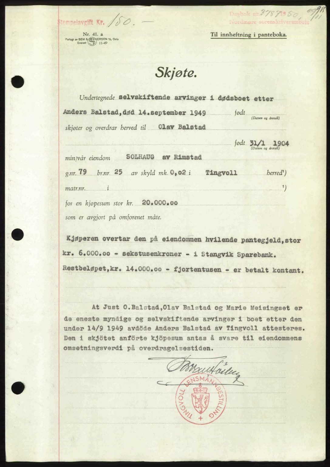 Nordmøre sorenskriveri, AV/SAT-A-4132/1/2/2Ca: Mortgage book no. A116, 1950-1950, Diary no: : 3787/1950