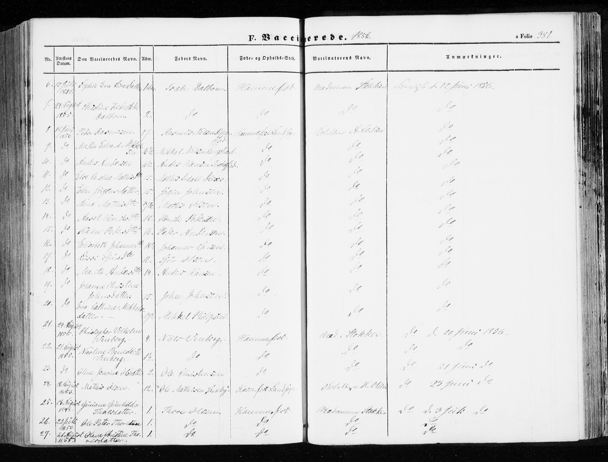 Hammerfest sokneprestkontor, AV/SATØ-S-1347/H/Ha/L0004.kirke: Parish register (official) no. 4, 1843-1856, p. 381