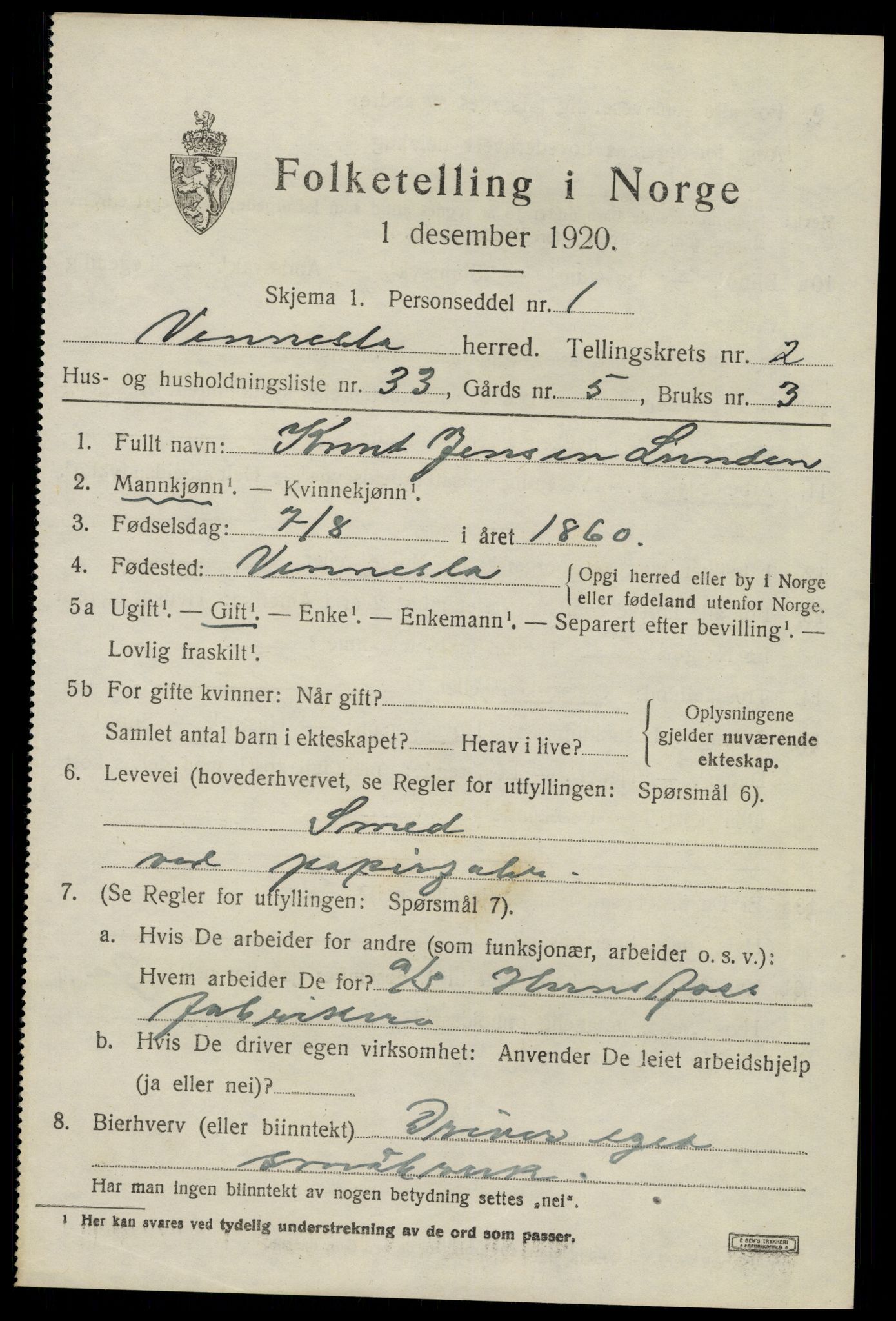 SAK, 1920 census for Vennesla, 1920, p. 1912