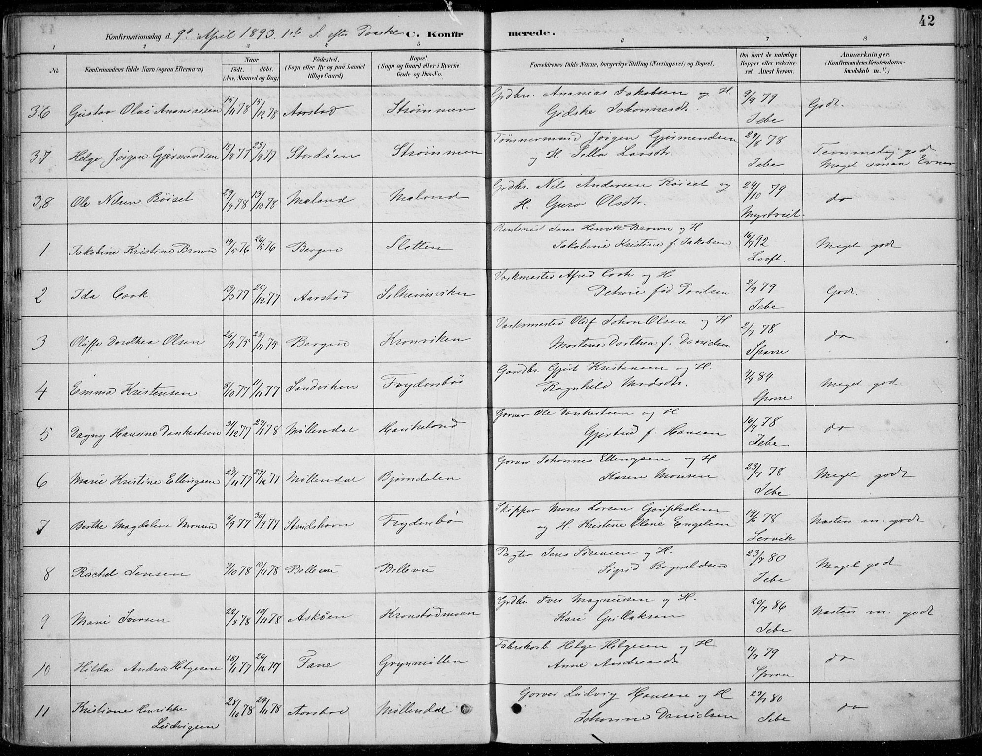 Årstad Sokneprestembete, AV/SAB-A-79301/H/Haa/L0006: Parish register (official) no. B 1, 1886-1901, p. 42