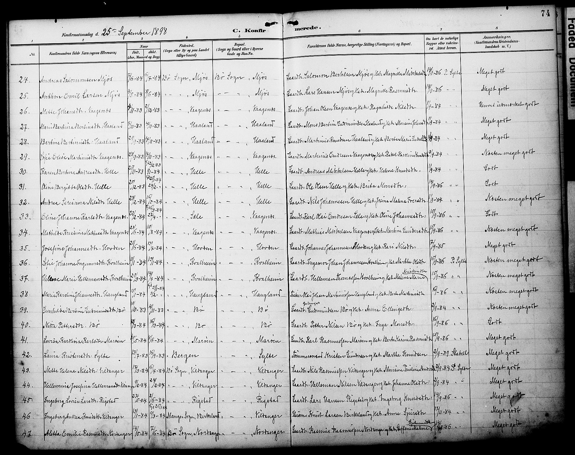 Manger sokneprestembete, AV/SAB-A-76801/H/Haa: Parish register (official) no. C 2, 1891-1902, p. 74