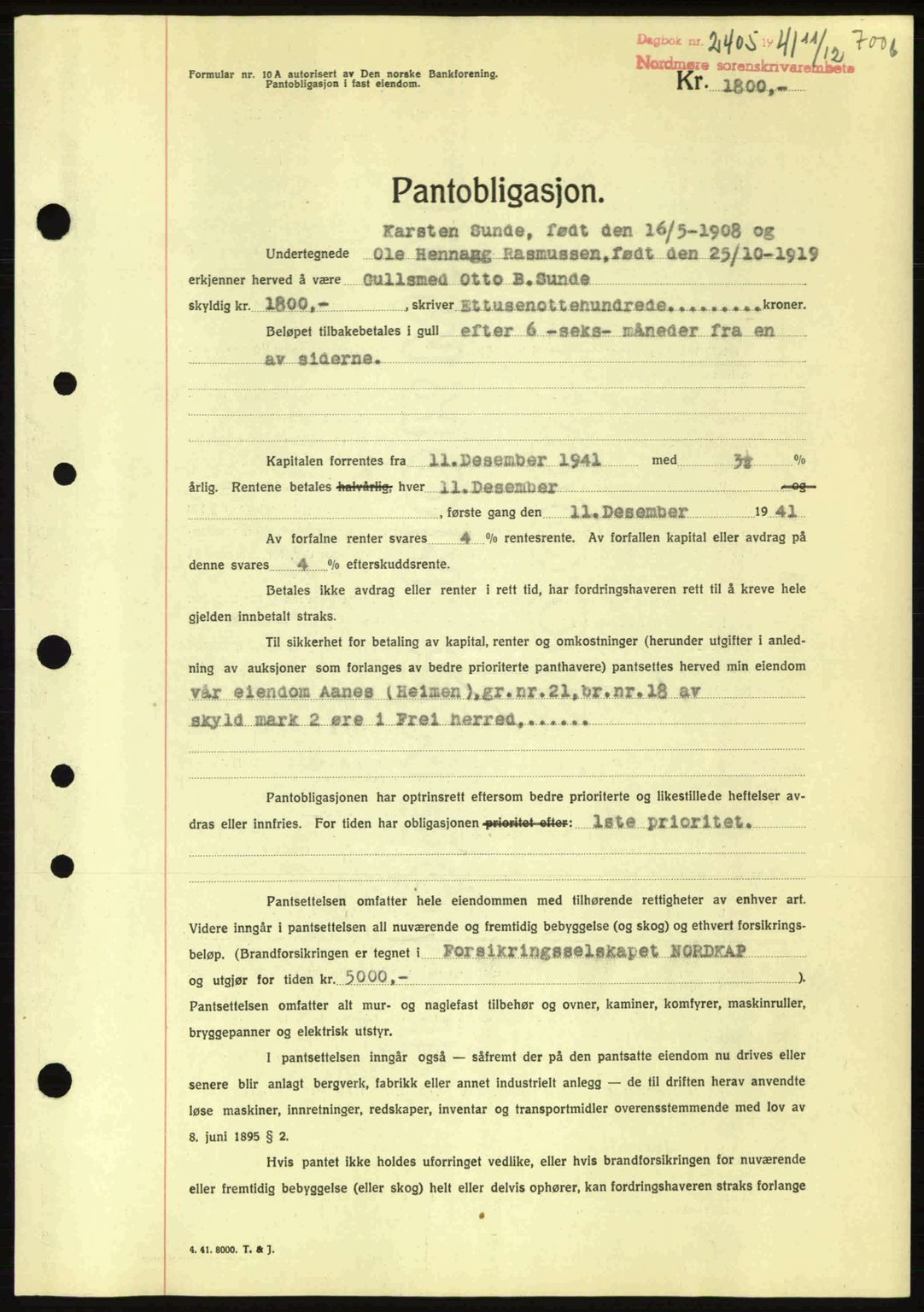 Nordmøre sorenskriveri, AV/SAT-A-4132/1/2/2Ca: Mortgage book no. B88, 1941-1942, Diary no: : 2405/1941