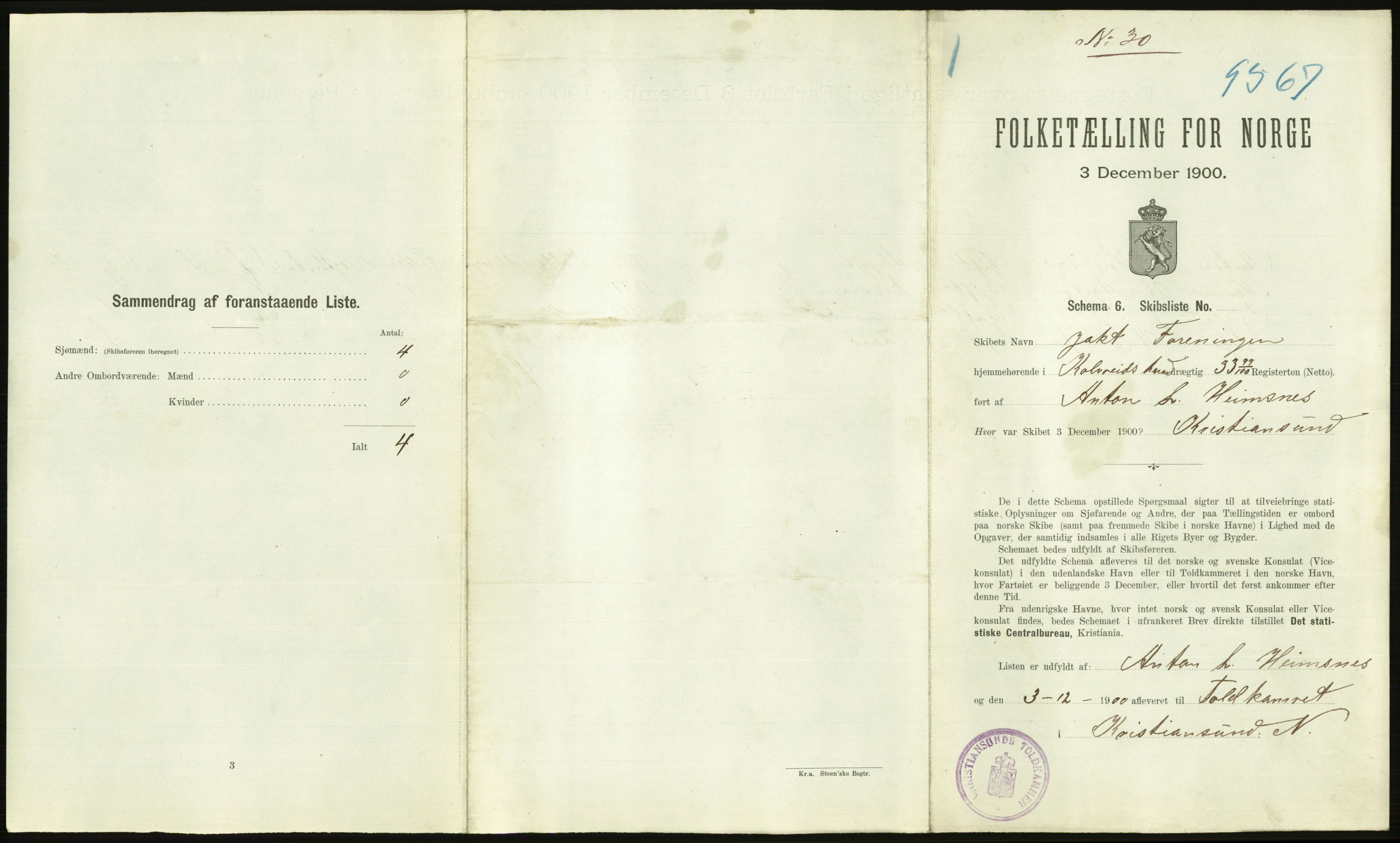 RA, 1900 Census - ship lists from ships in Norwegian harbours, harbours abroad and at sea, 1900, p. 2181