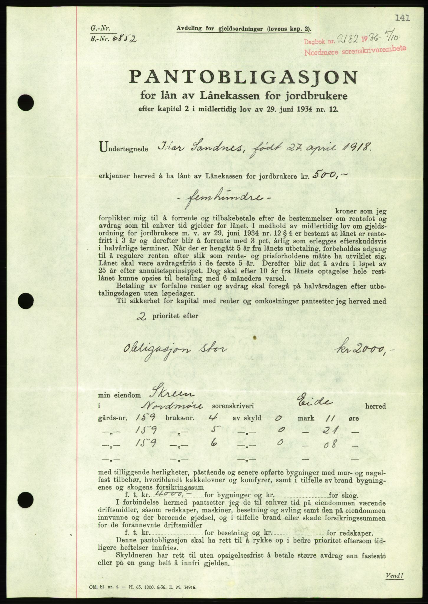 Nordmøre sorenskriveri, AV/SAT-A-4132/1/2/2Ca/L0090: Mortgage book no. B80, 1936-1937, Diary no: : 2182/1936