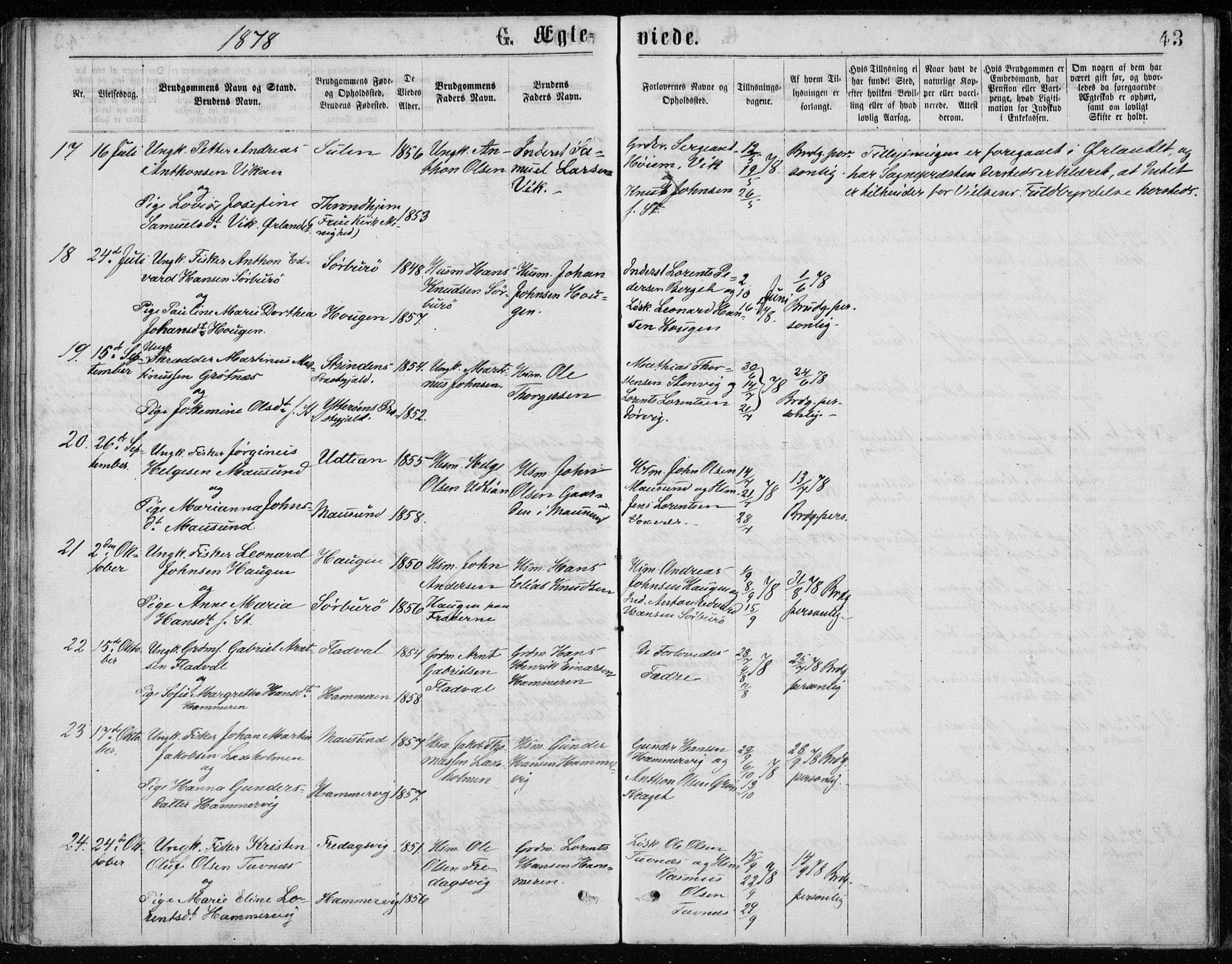 Ministerialprotokoller, klokkerbøker og fødselsregistre - Sør-Trøndelag, AV/SAT-A-1456/640/L0577: Parish register (official) no. 640A02, 1877-1878, p. 43