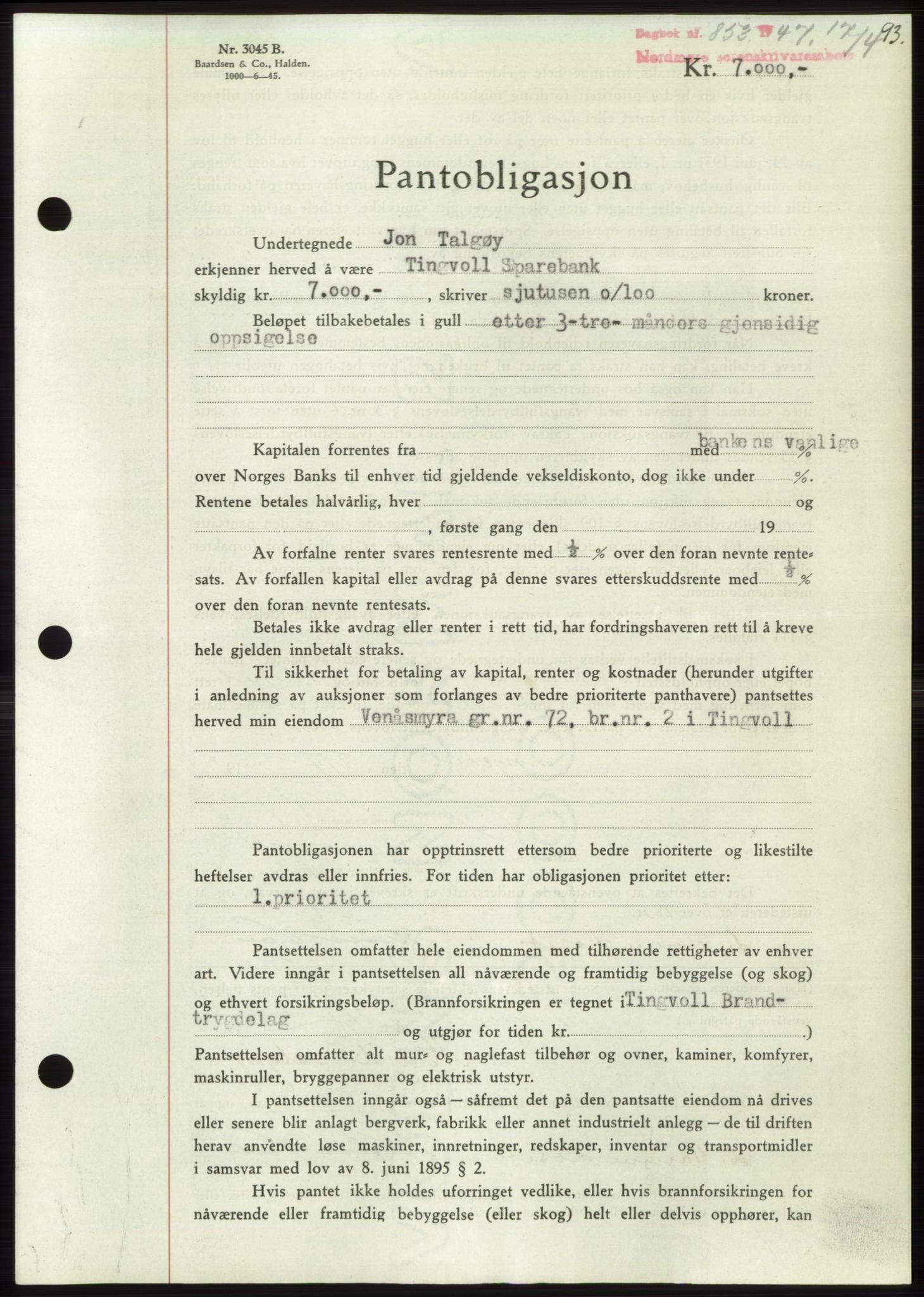 Nordmøre sorenskriveri, AV/SAT-A-4132/1/2/2Ca: Mortgage book no. B96, 1947-1947, Diary no: : 853/1947