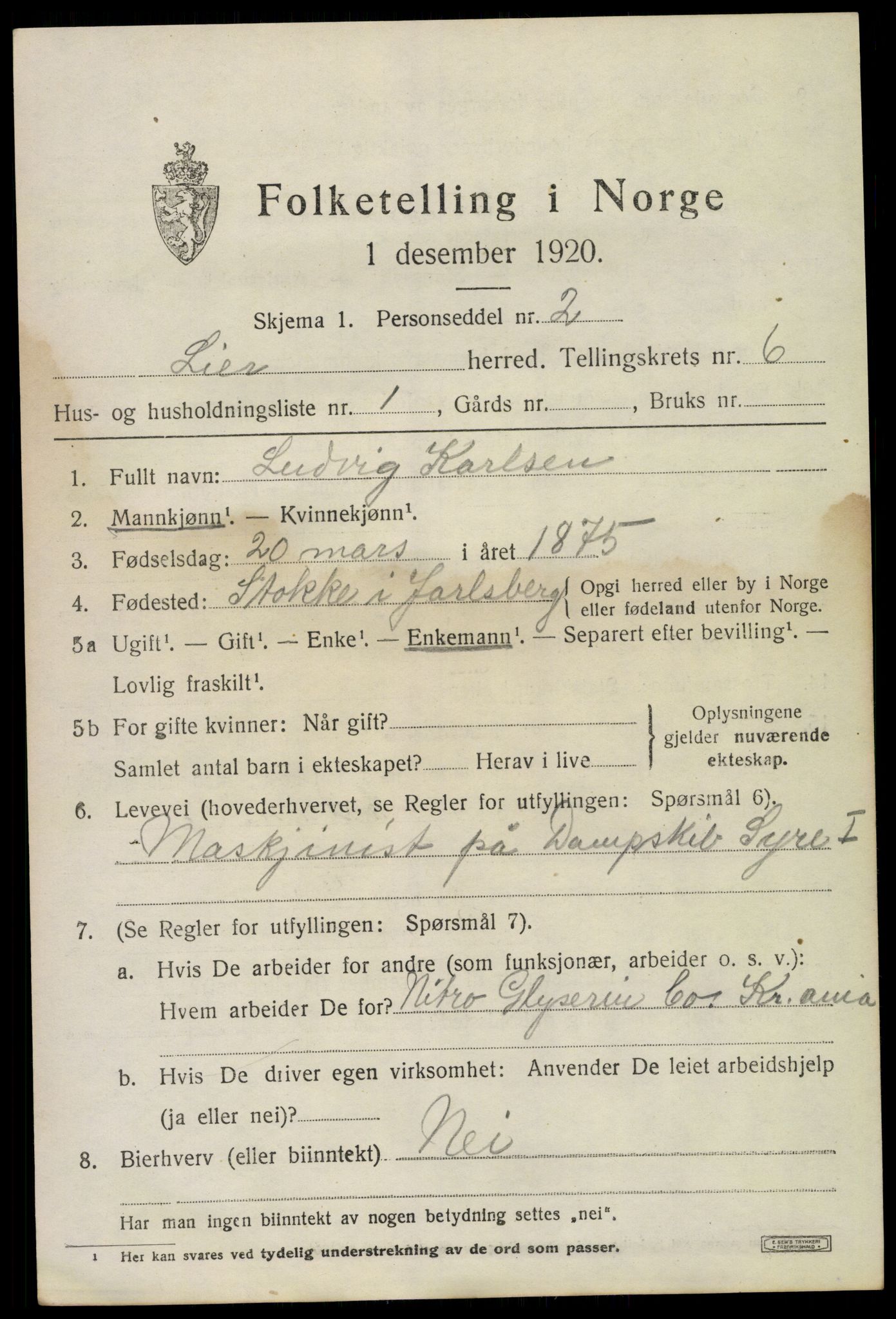 SAKO, 1920 census for Lier, 1920, p. 10596